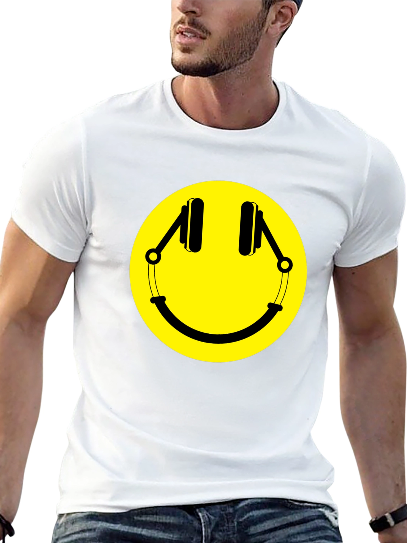 Smiley Face Headphones Graphic T-Shirt - Black
