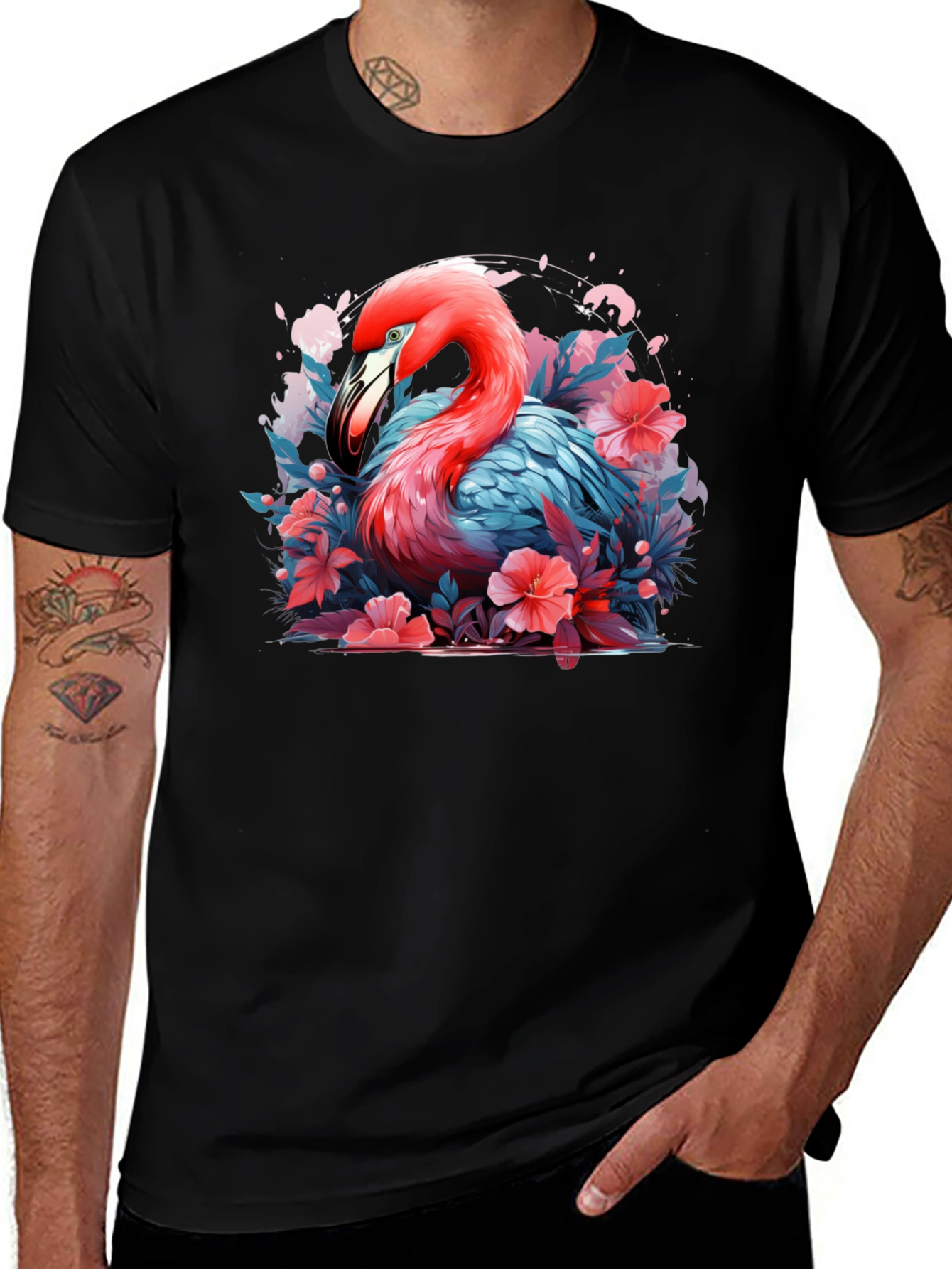 Flamingo Floral Graphic Black T-Shirt