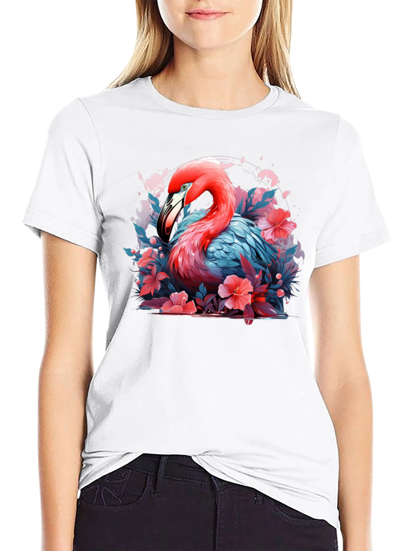 Flamingo Floral Graphic Black T-Shirt