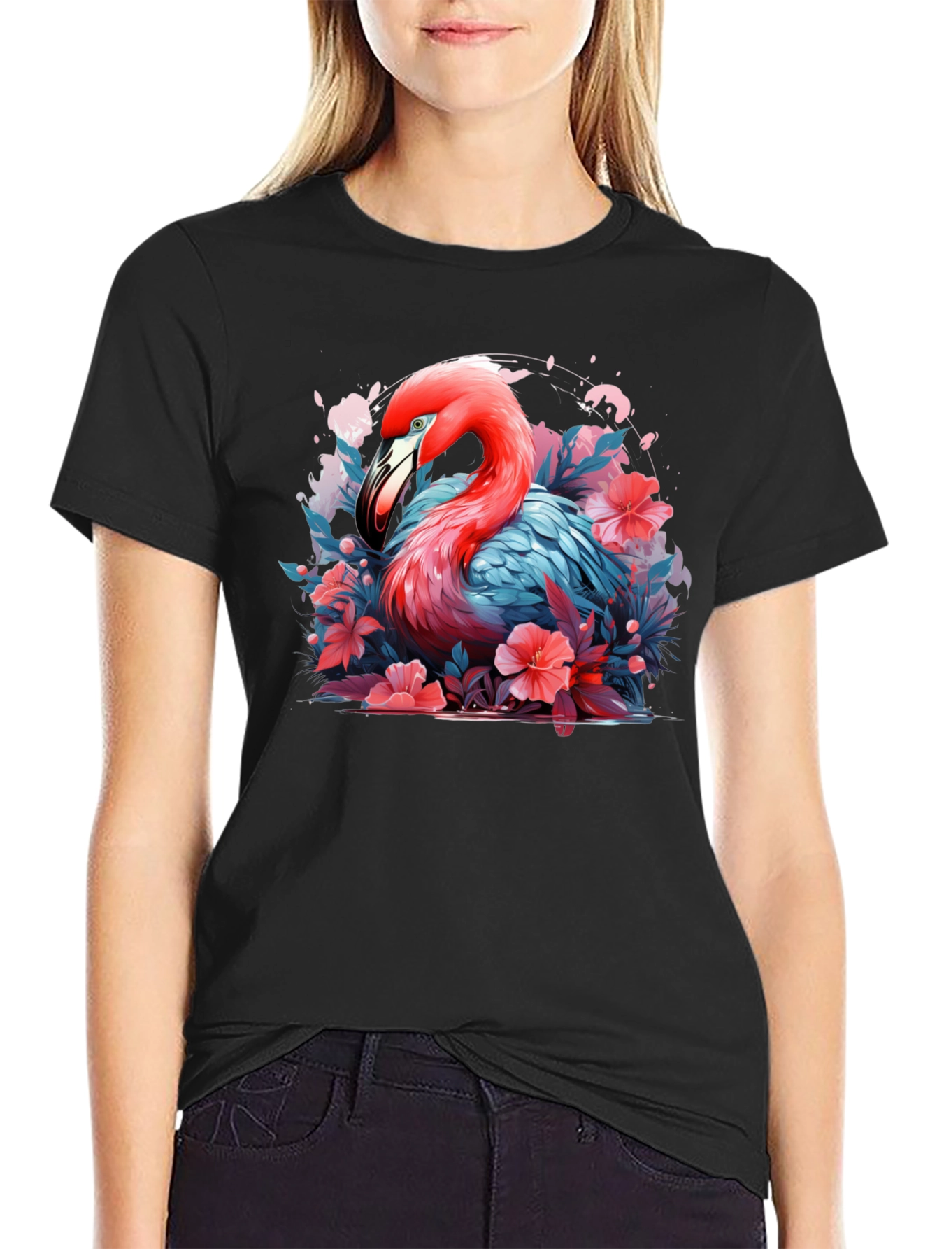 Flamingo Floral Graphic Black T-Shirt