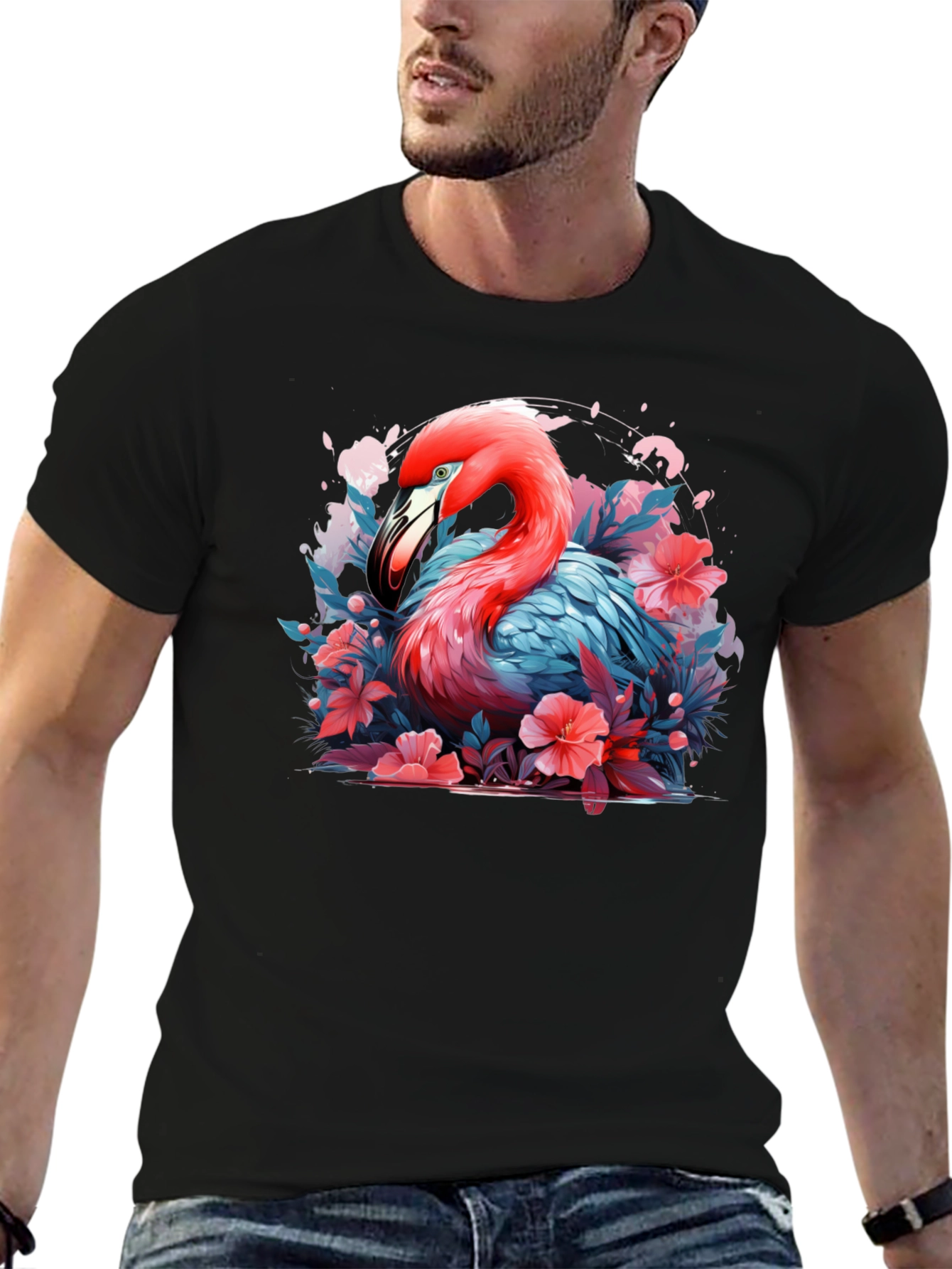 Flamingo Floral Graphic Black T-Shirt