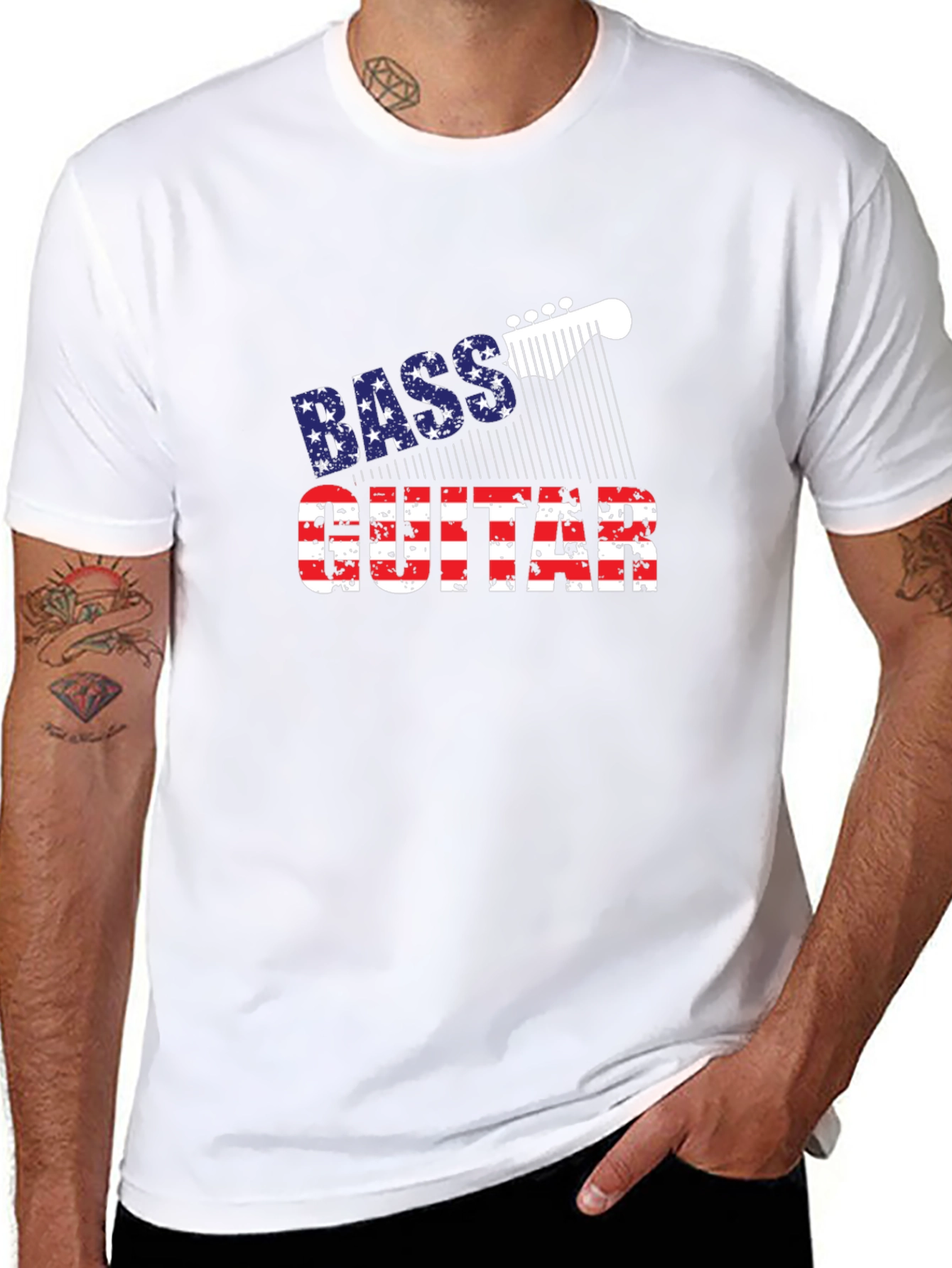Bass Guitar American Flag Mens Black T-Shirt