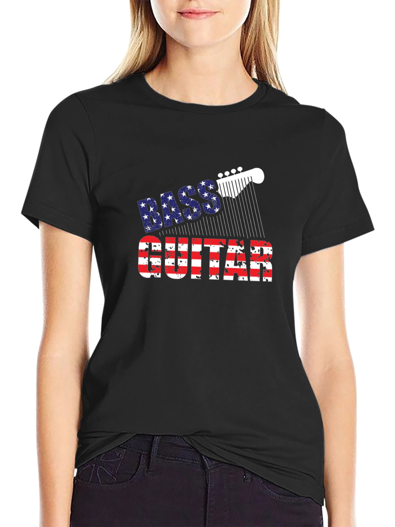 Bass Guitar American Flag Mens Black T-Shirt
