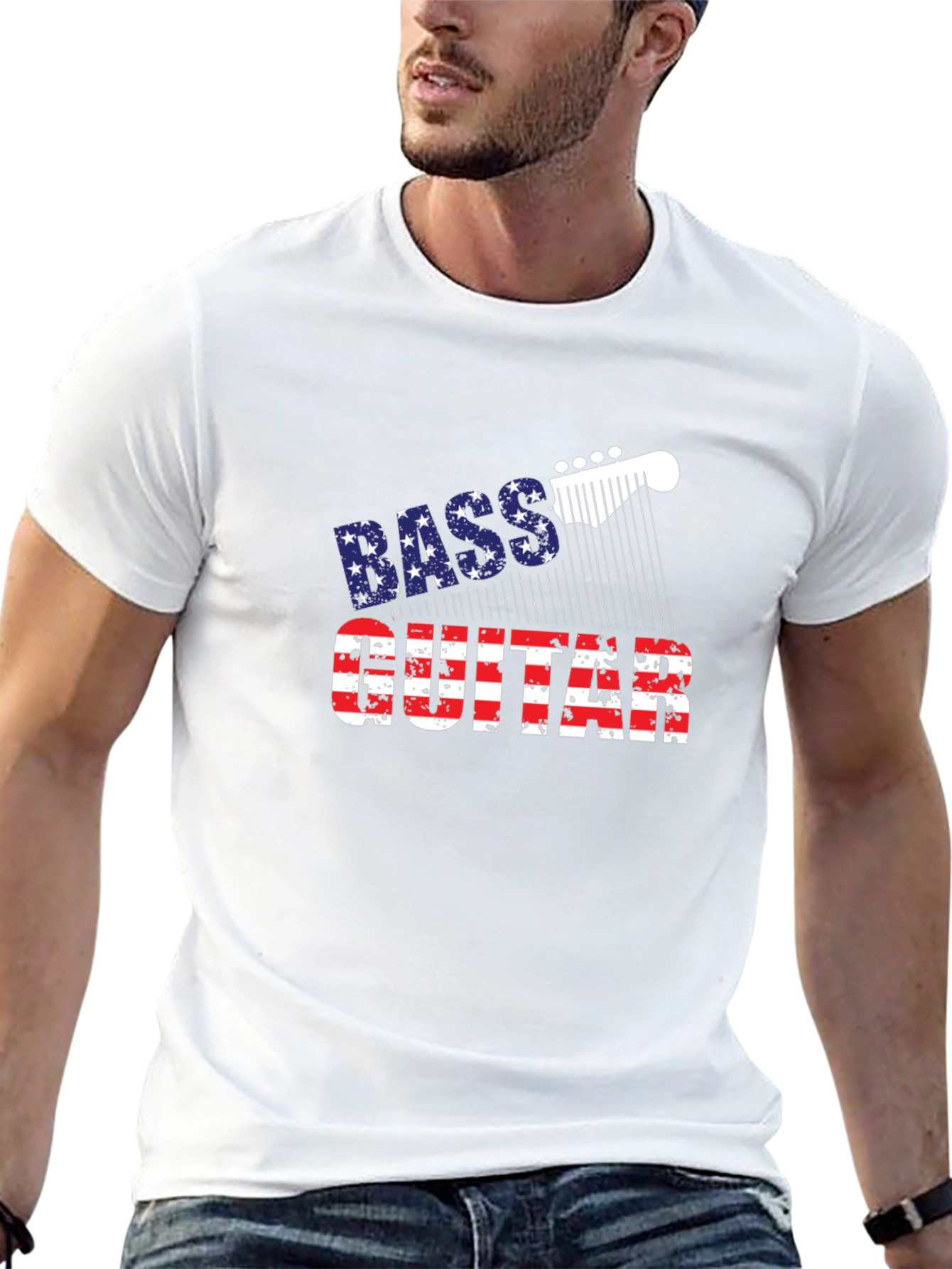Bass Guitar American Flag Mens Black T-Shirt