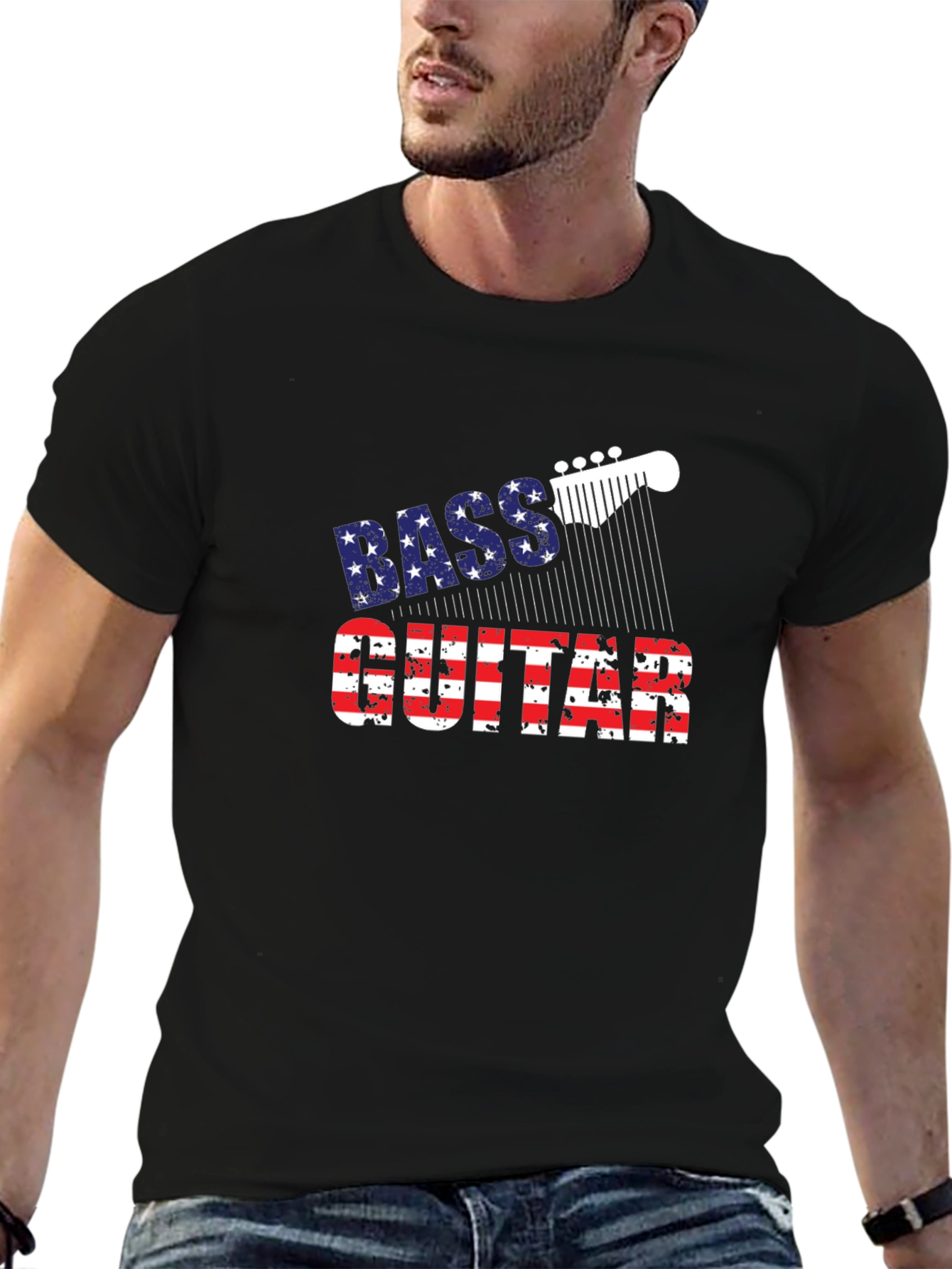 Bass Guitar American Flag Mens Black T-Shirt