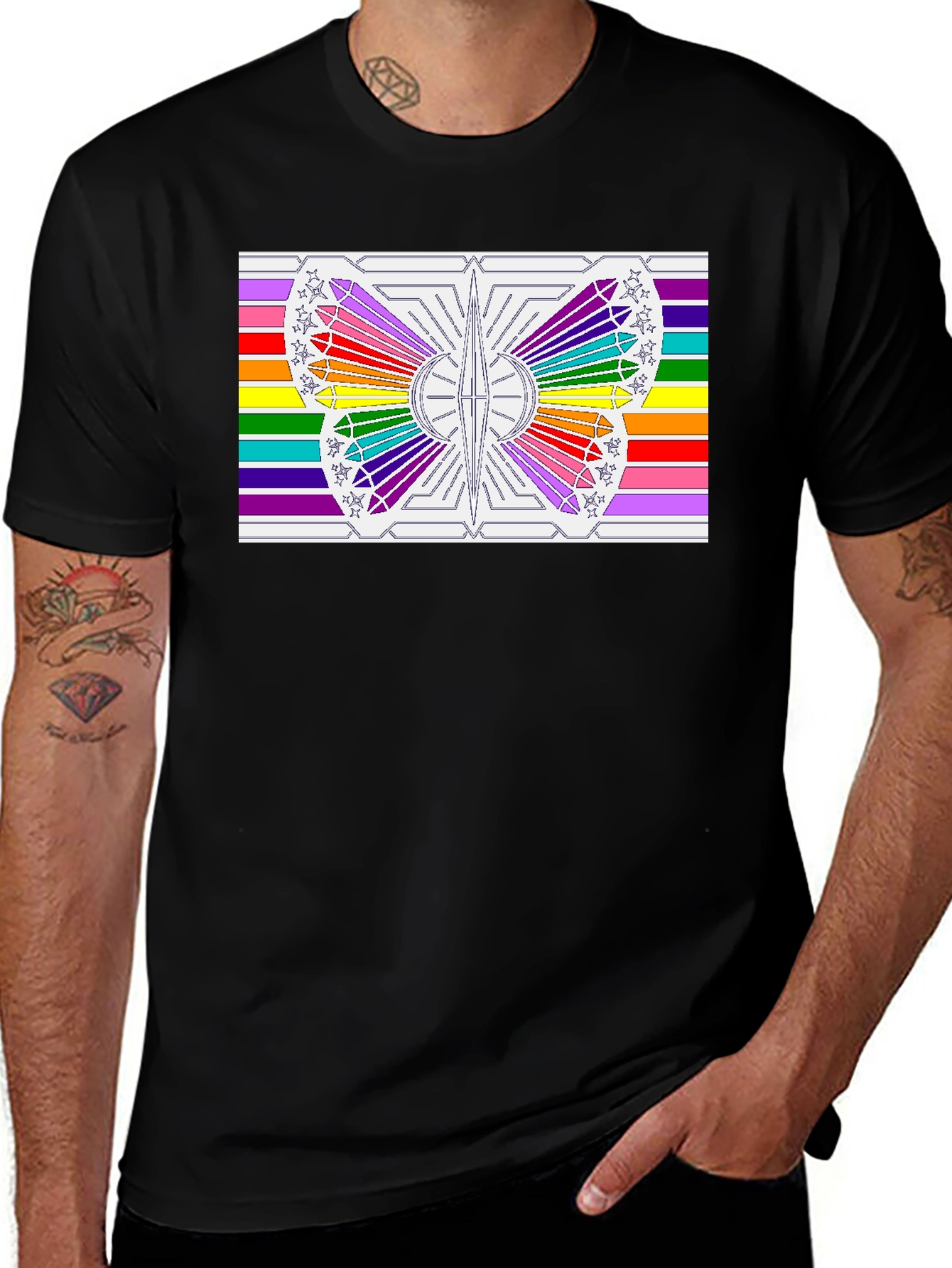 Rainbow Butterfly Graphic Tee - Black Cotton Casual Shirt