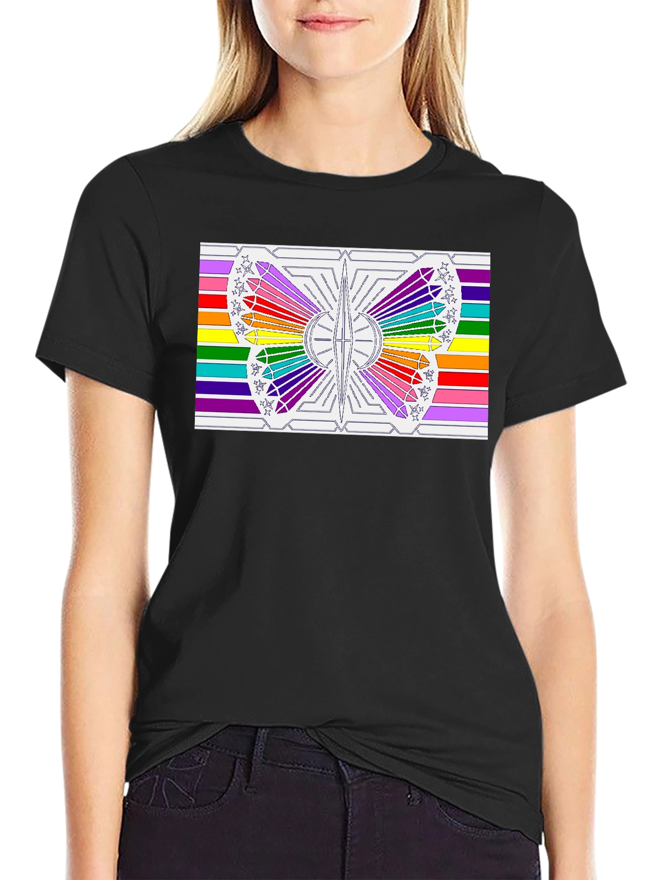 Rainbow Butterfly Graphic Tee - Black Cotton Casual Shirt