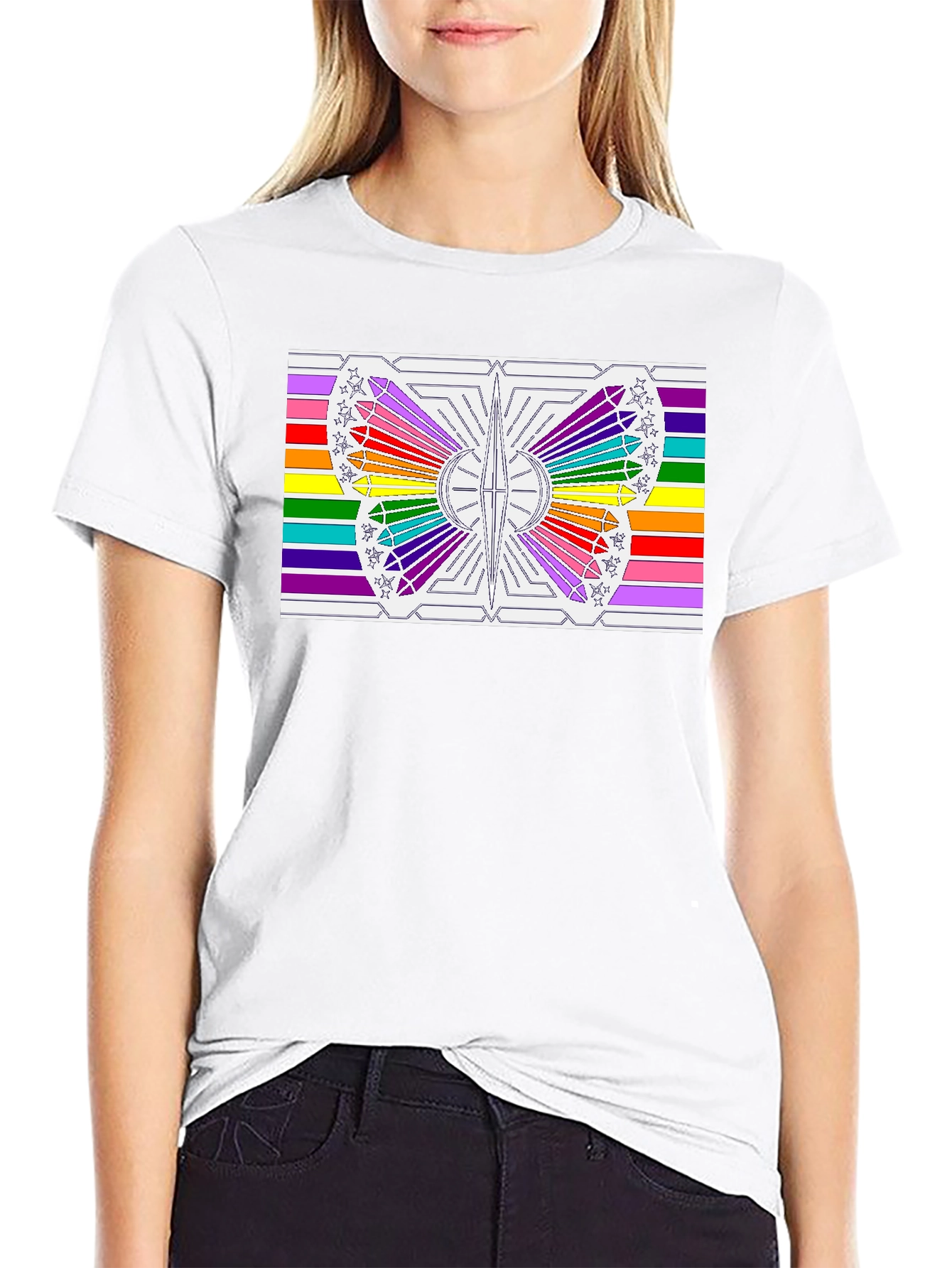 Rainbow Butterfly Graphic Tee - Black Cotton Casual Shirt