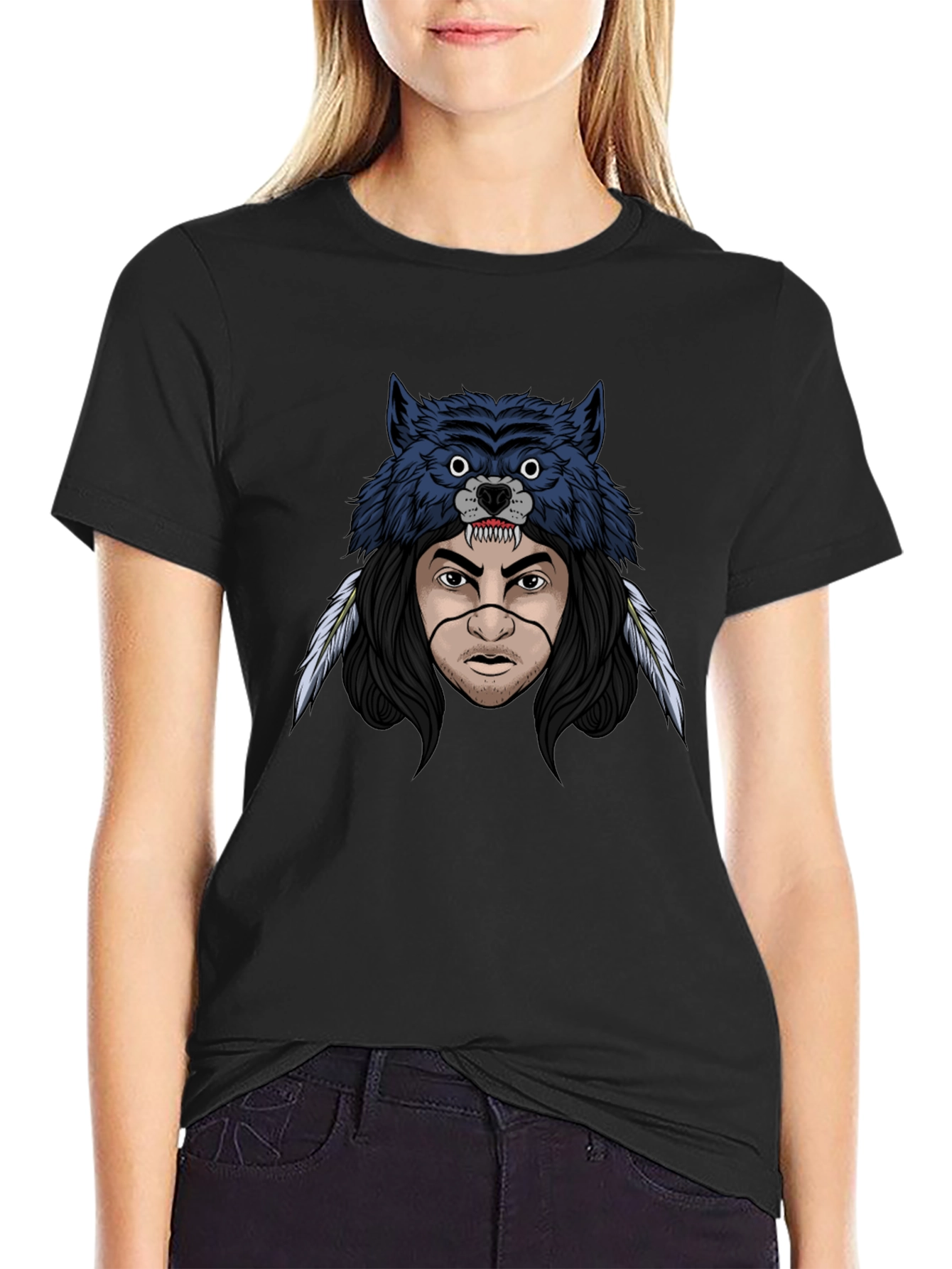 Wolf Headdress Graphic T-Shirt - Mens Black Tee