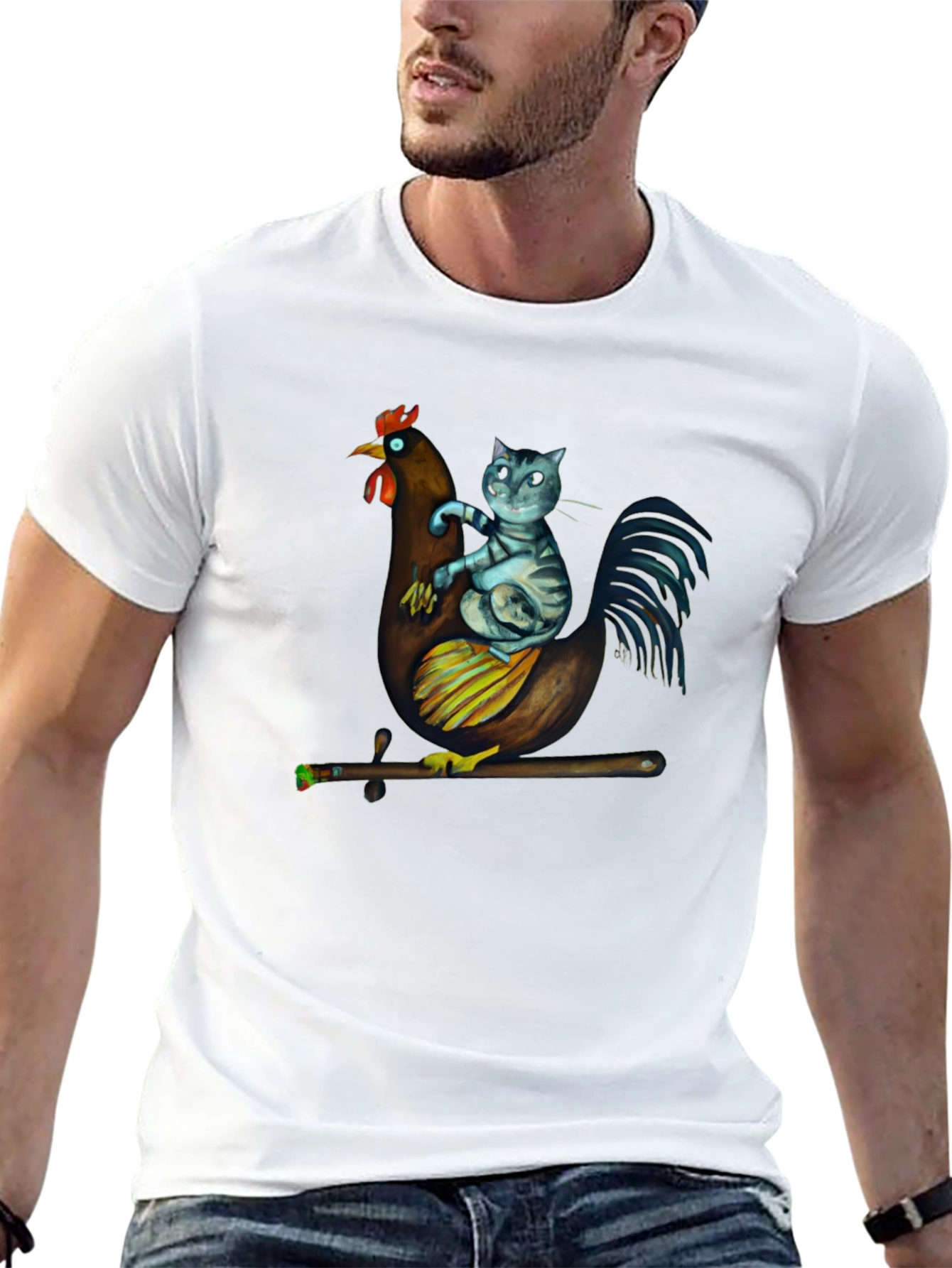 Cat Riding Chicken T-Shirt - Quirky Graphic Tee