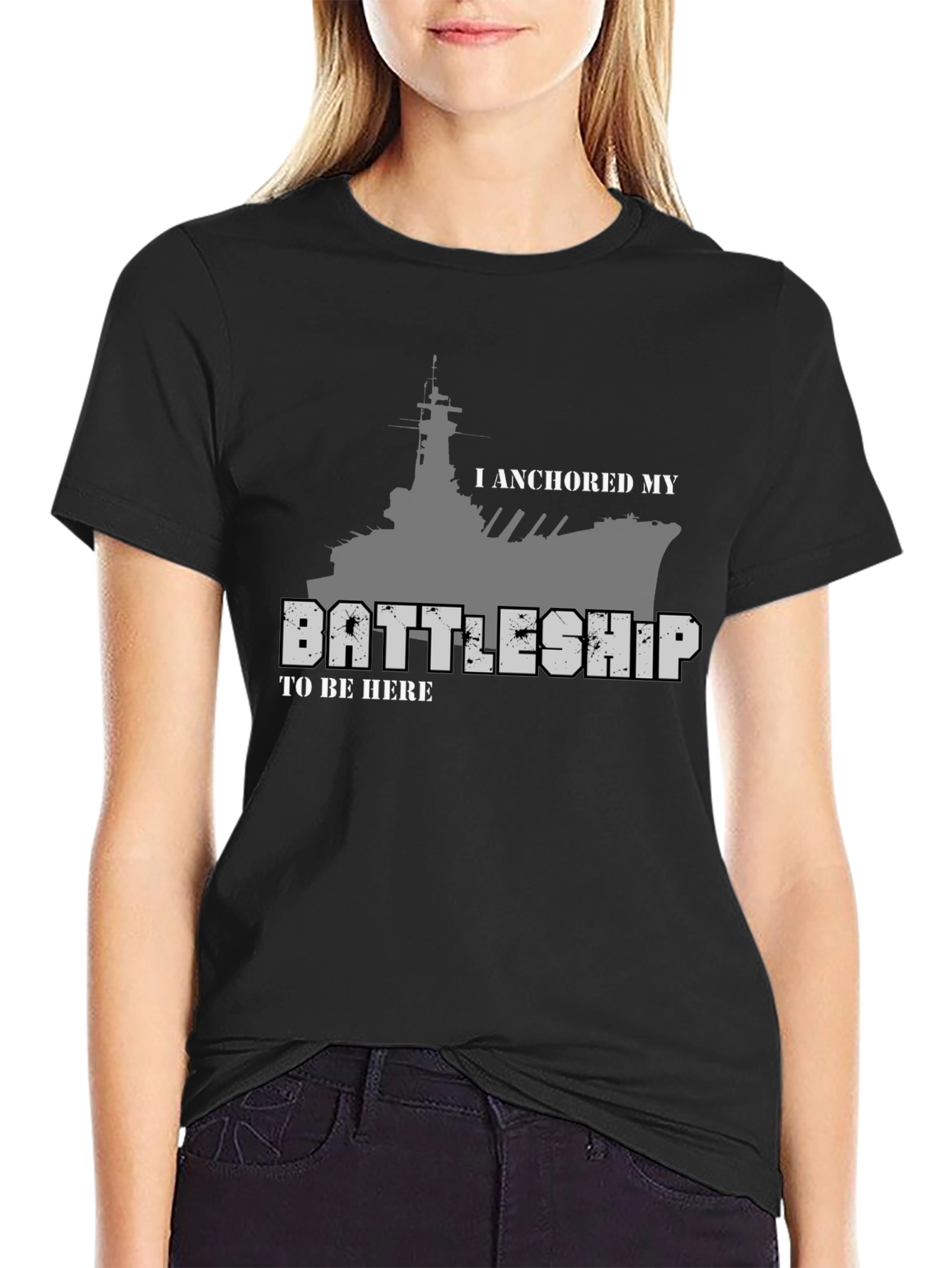 Anchored Battleship Graphic Tee - Black Cotton Shirt