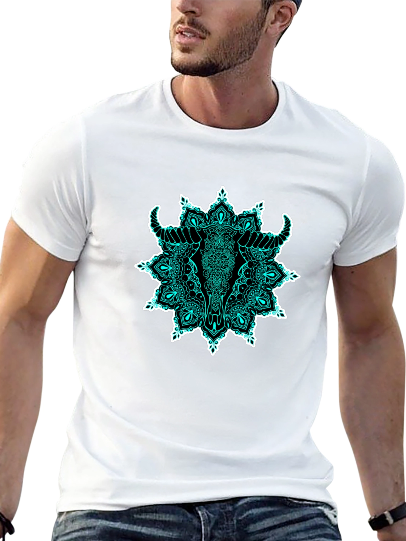 Bull Skull Mandala Graphic T-Shirt - Black