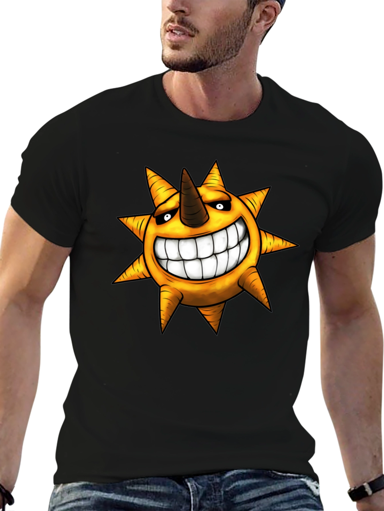 Mens Black T-shirt with Smiling Sun Design