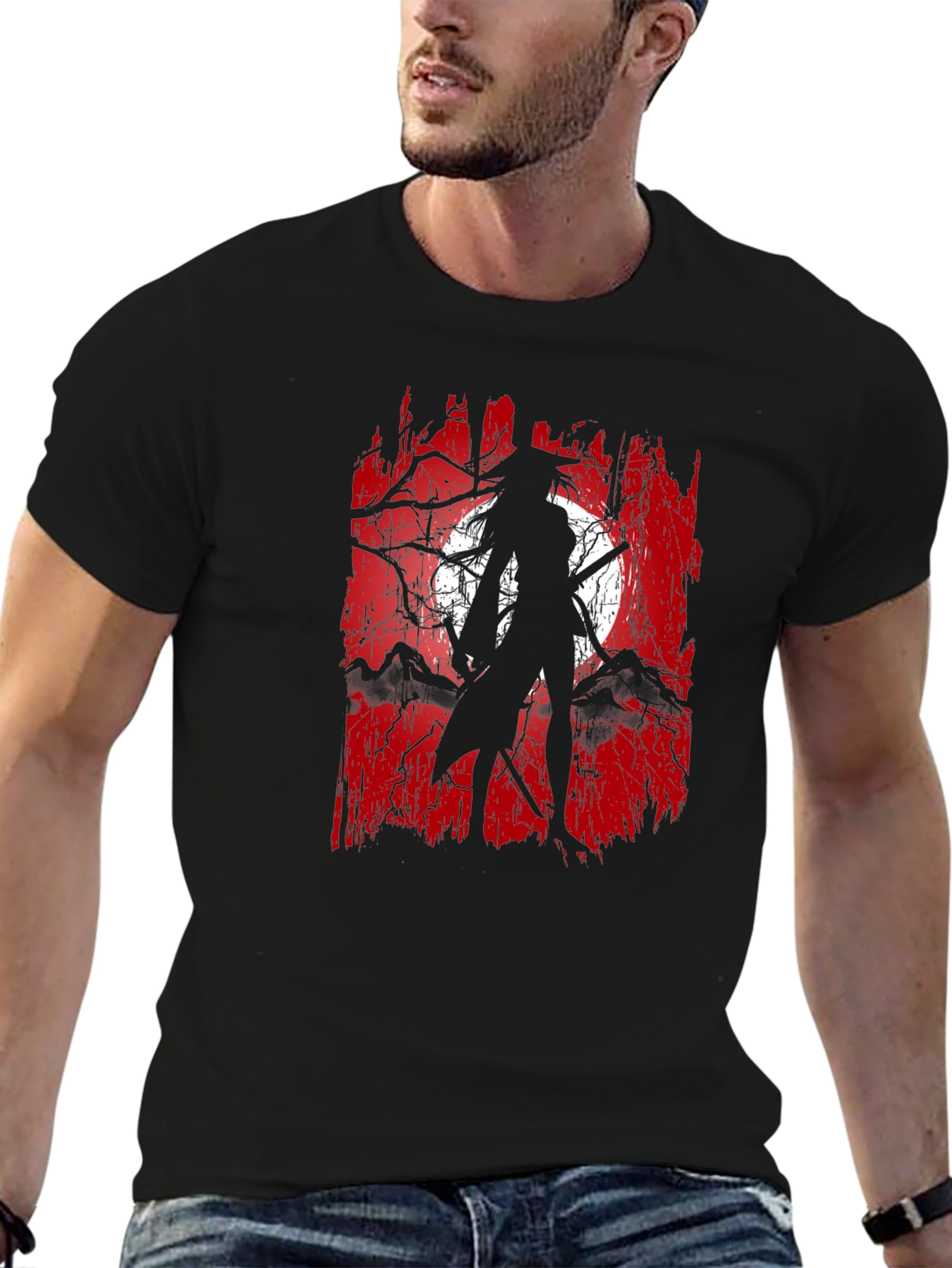 Samurai Moon Graphic Tee - Black Cotton