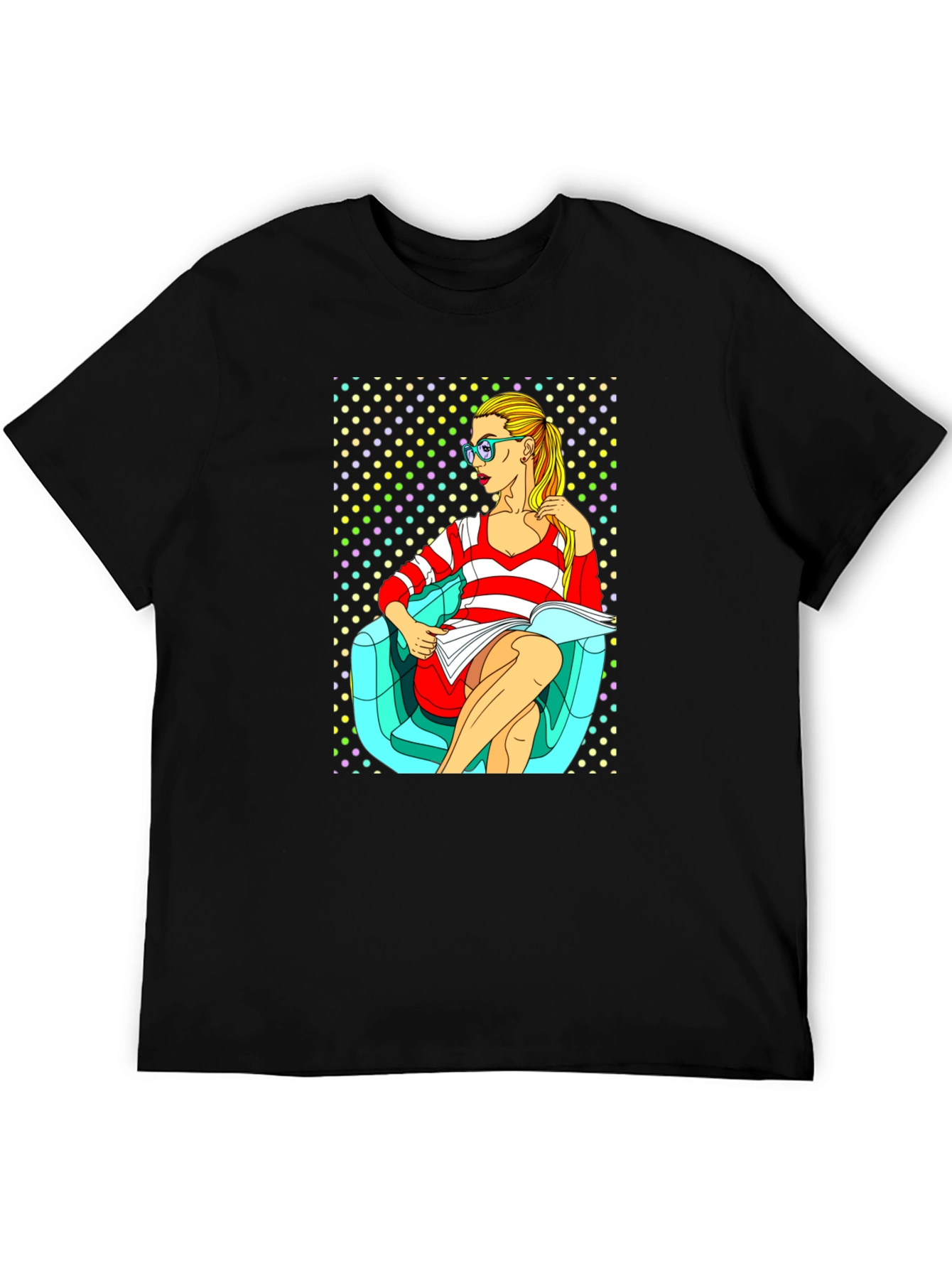 Pop Art Girl Reading Book Black Cotton Tee