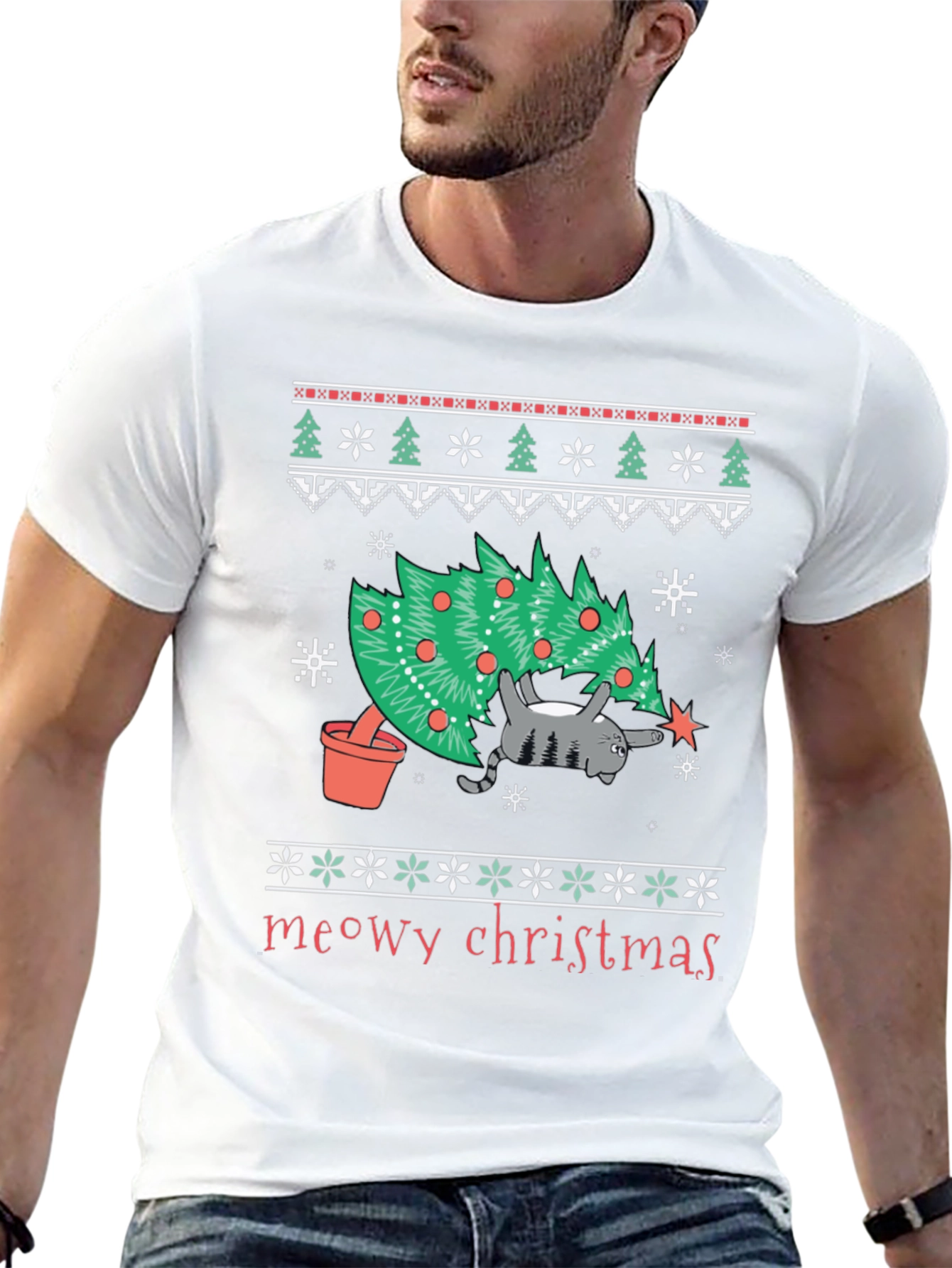 Meowy Christmas Cat T-Shirt - Festive Holiday Tee