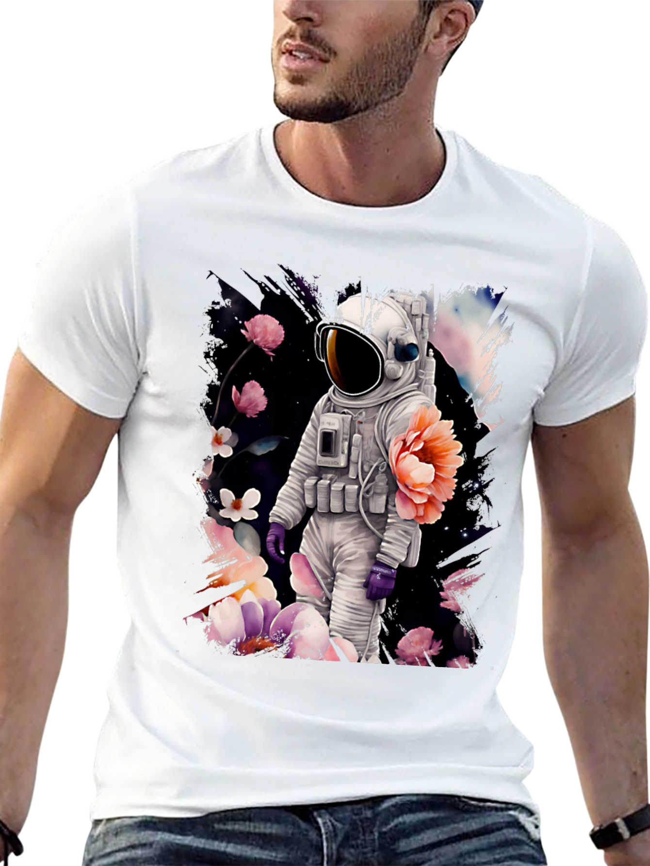 Astronaut Floral T-Shirt - Space & Nature Fusion