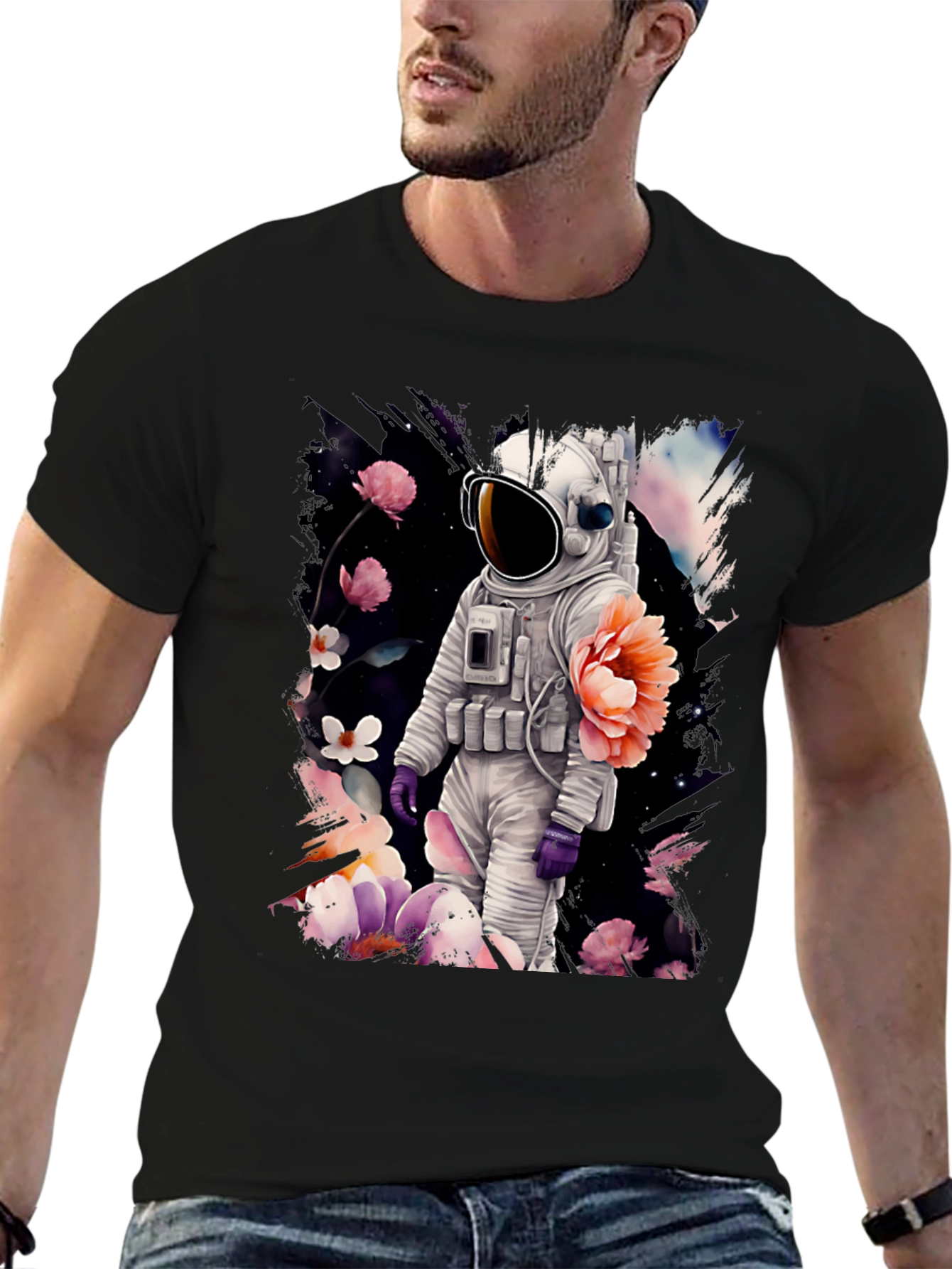 Astronaut Floral T-Shirt - Space & Nature Fusion