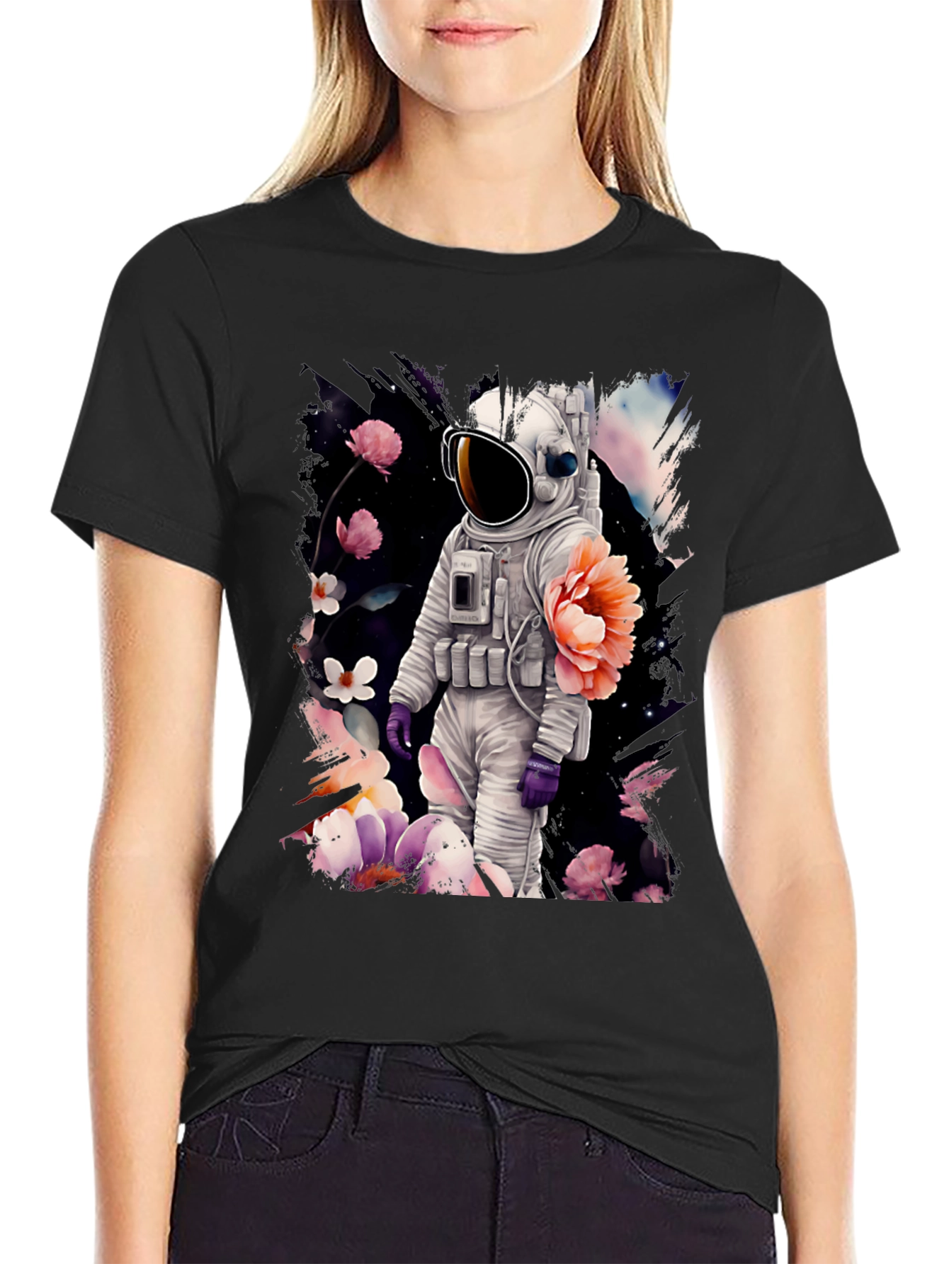 Astronaut Floral T-Shirt - Space & Nature Fusion