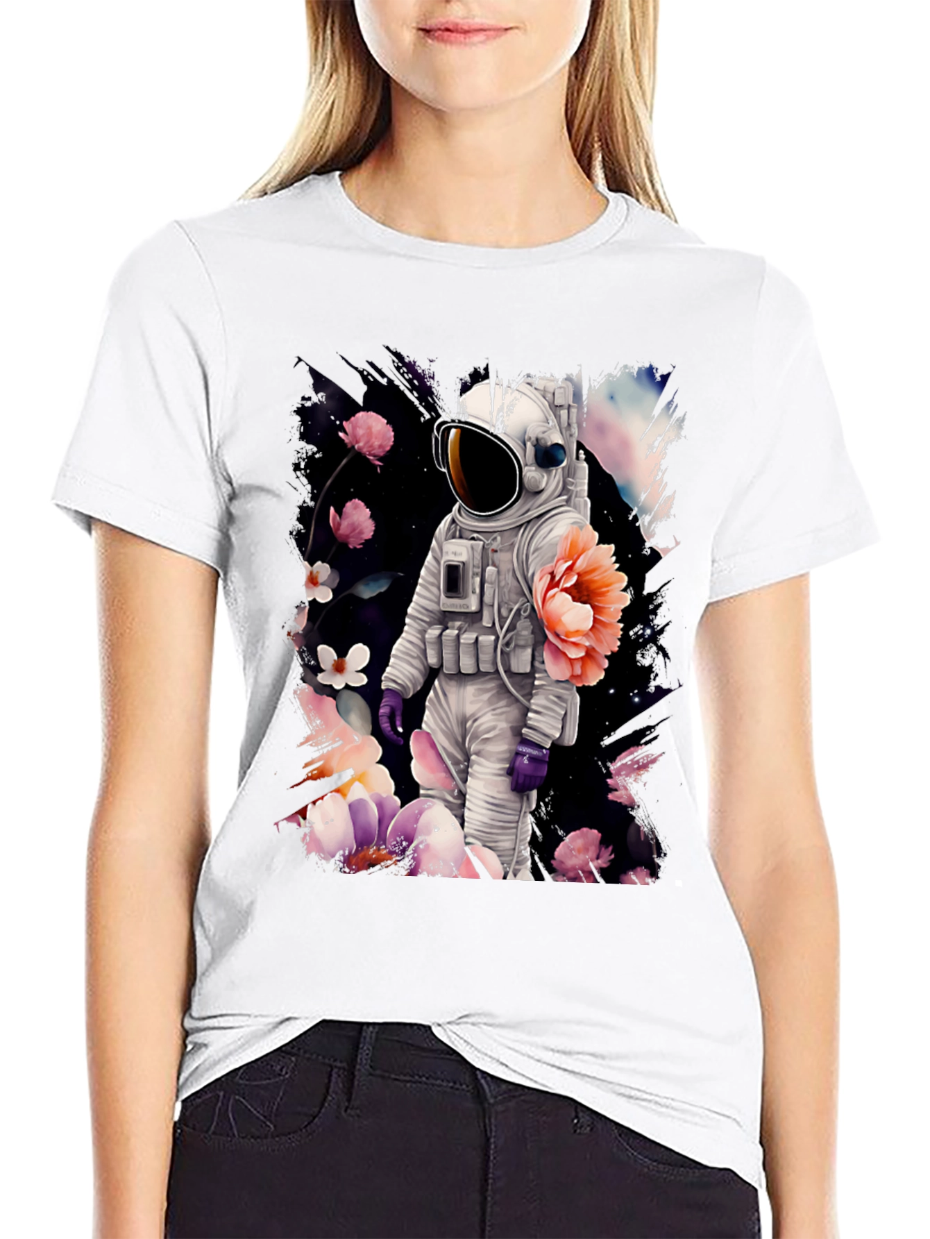 Astronaut Floral T-Shirt - Space & Nature Fusion