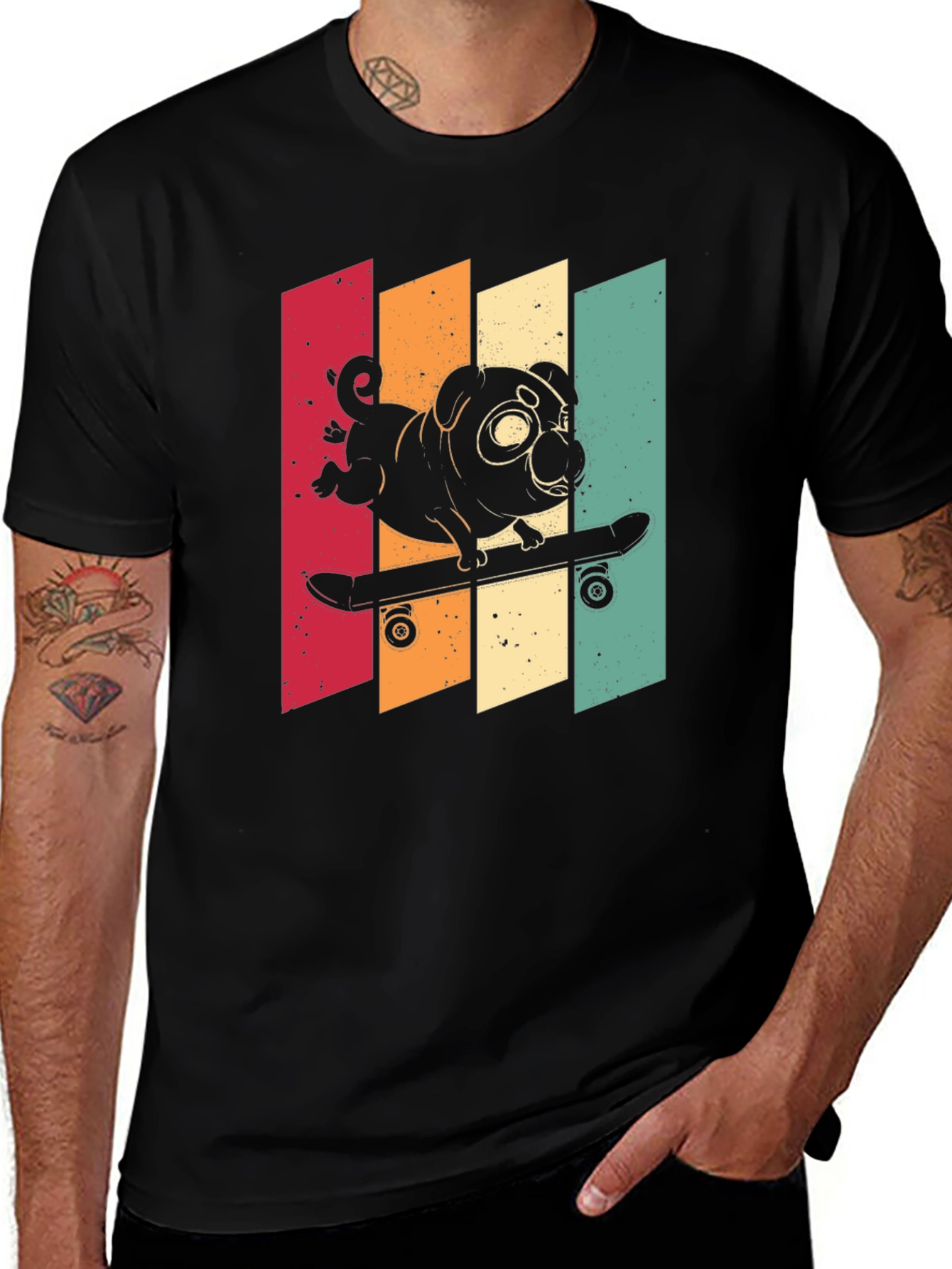 Skateboarding Pug Graphic Tee - Cool Retro Style