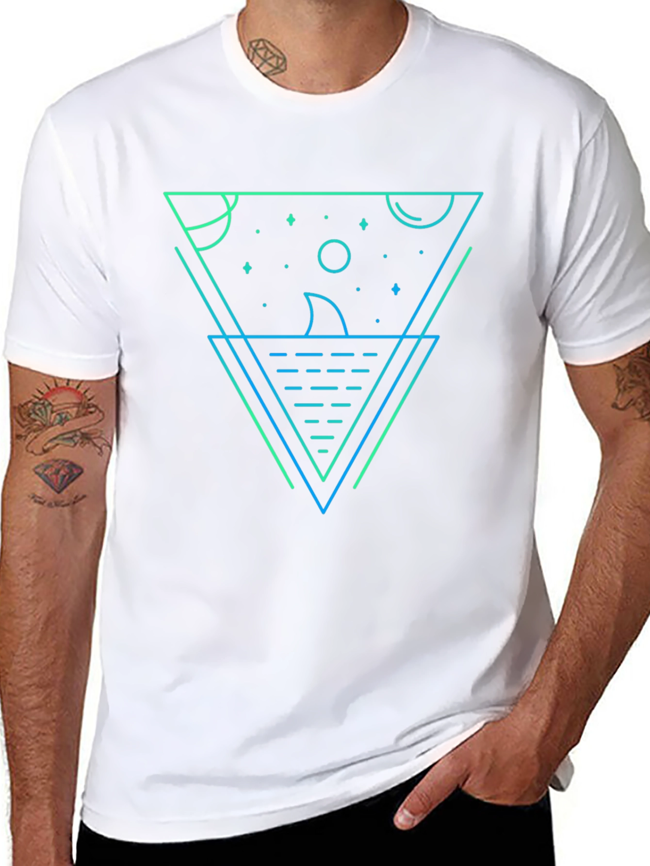 Geometric Shark Graphic Tee - Black Cotton Blend
