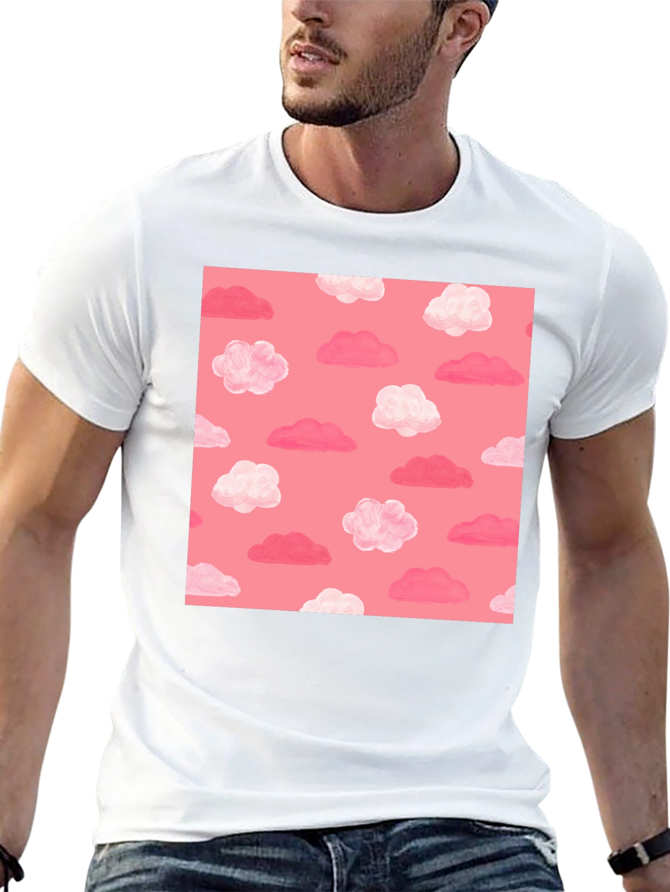 Pink Cloud Pattern Black T-Shirt
