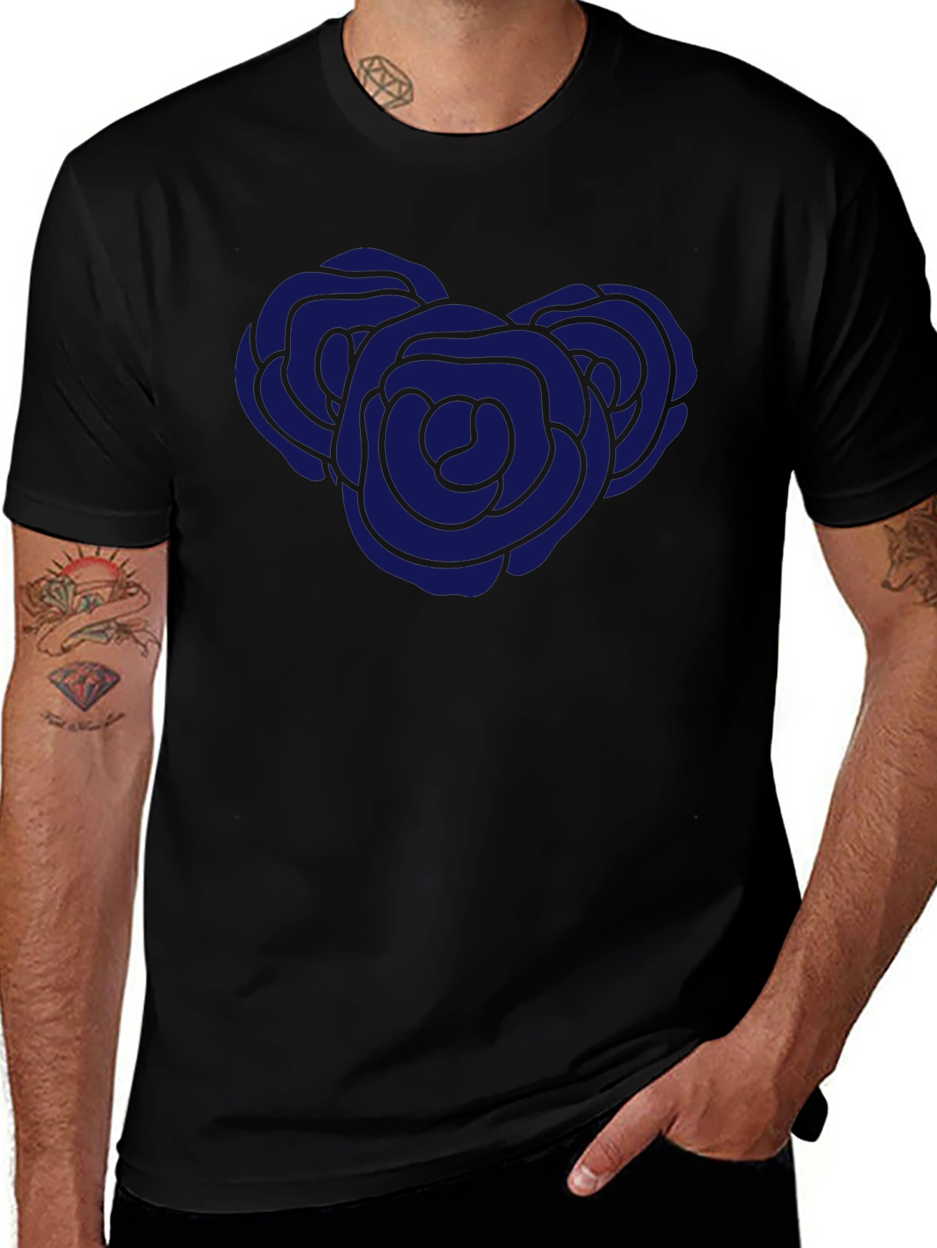 Black T-Shirt with Blue Rose Graphic