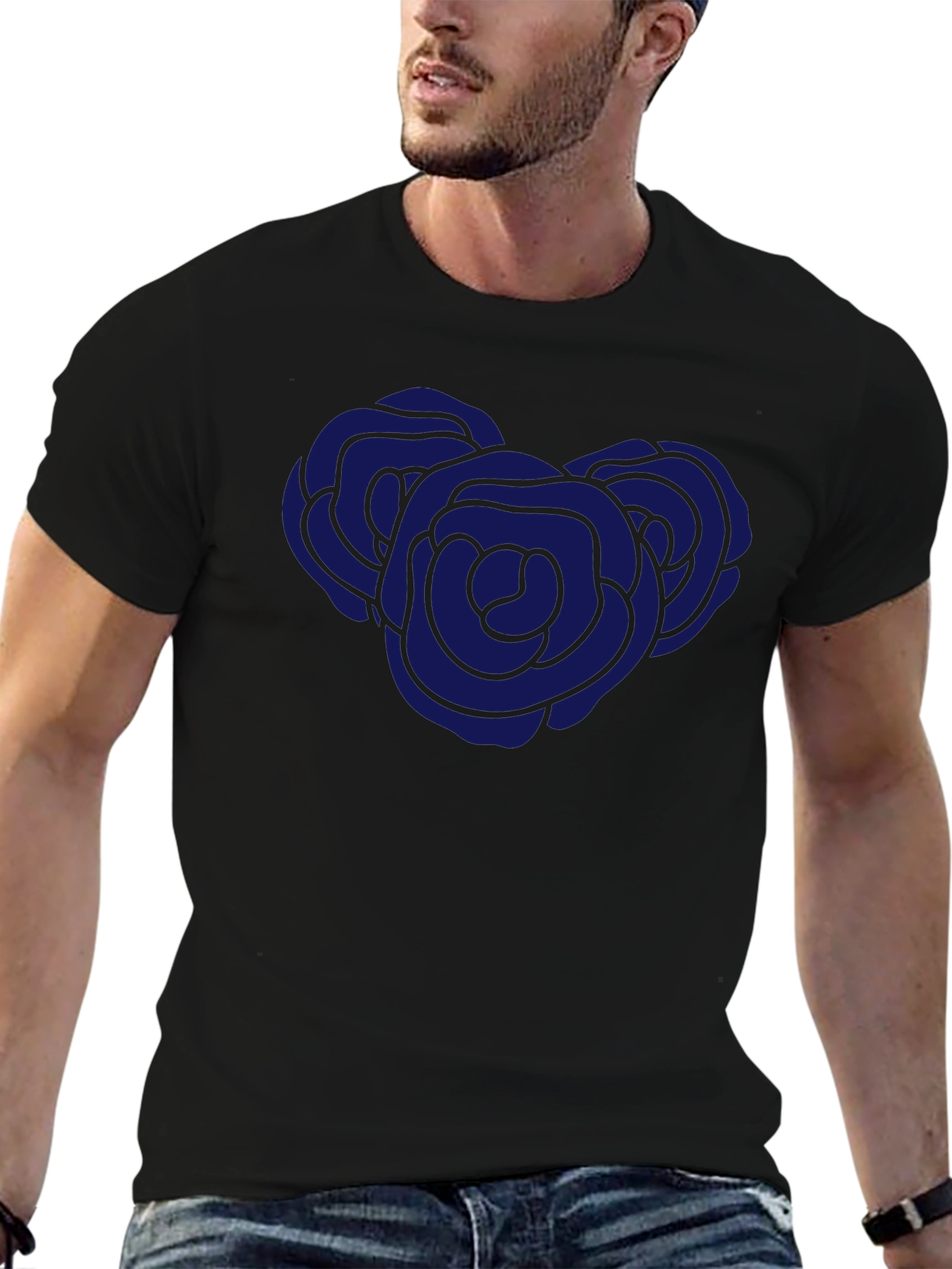 Black T-Shirt with Blue Rose Graphic