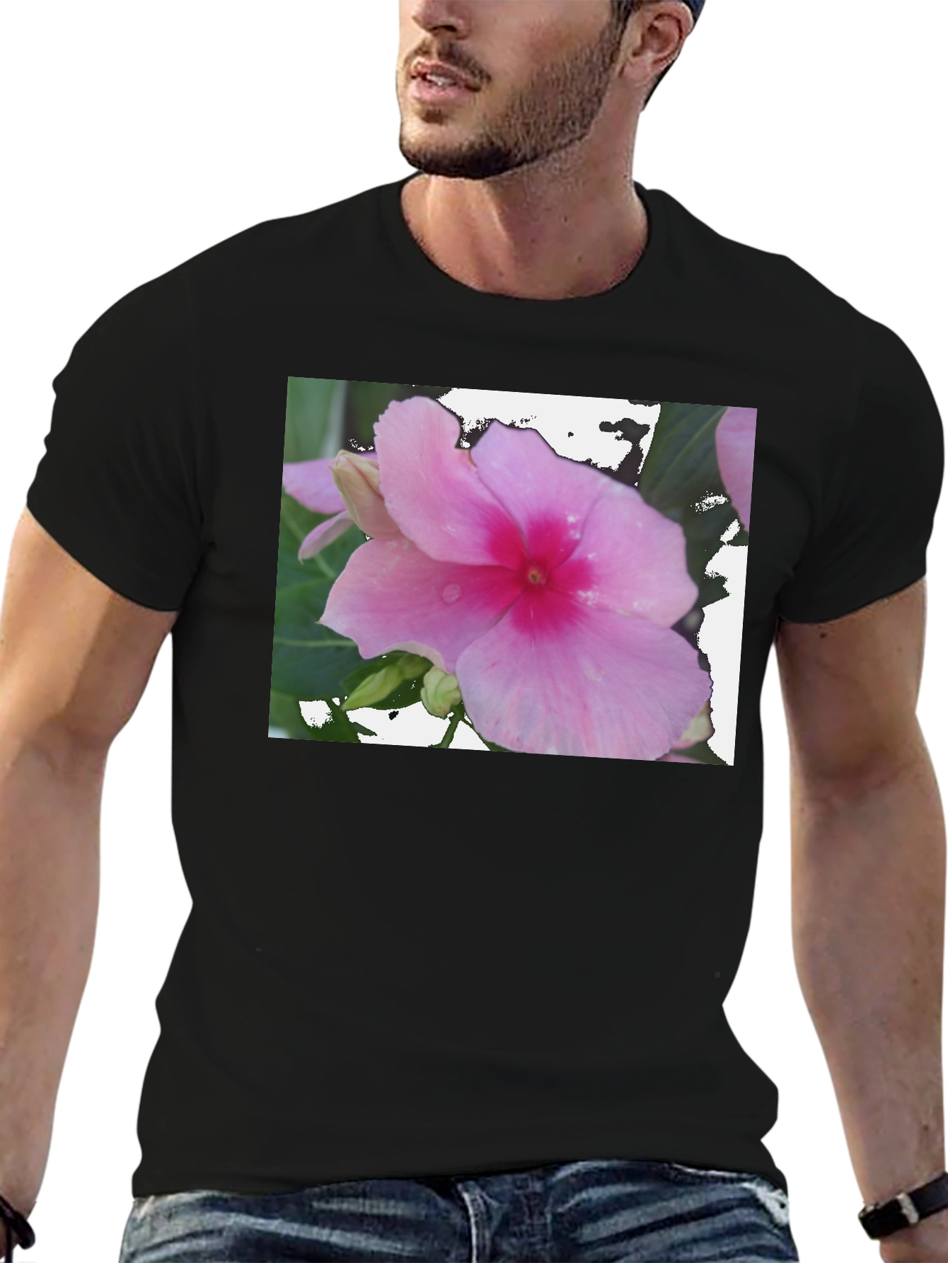 Pink Flower Graphic Black T-Shirt