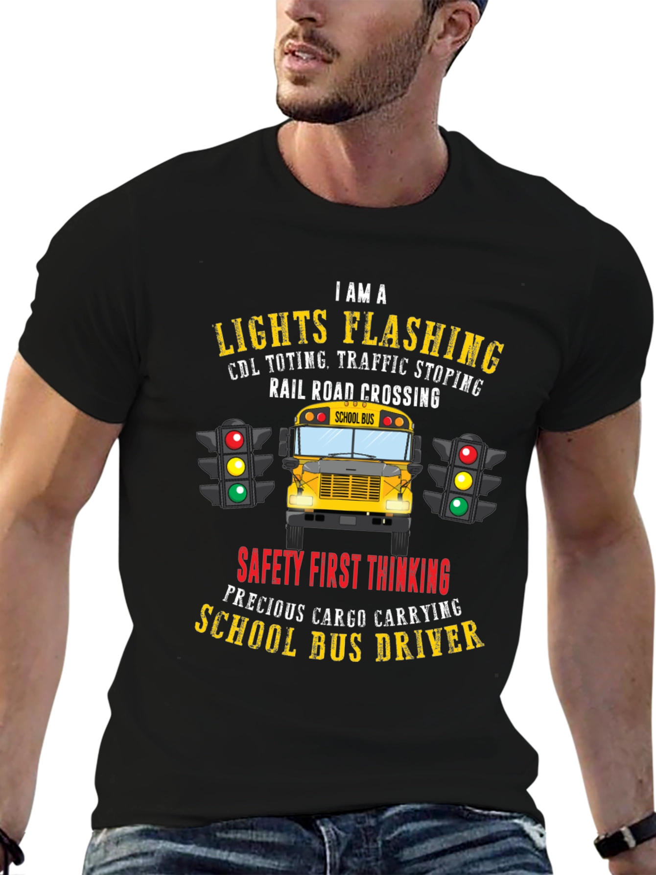 School Bus Driver T-Shirt: Lights Flashing & Safety First