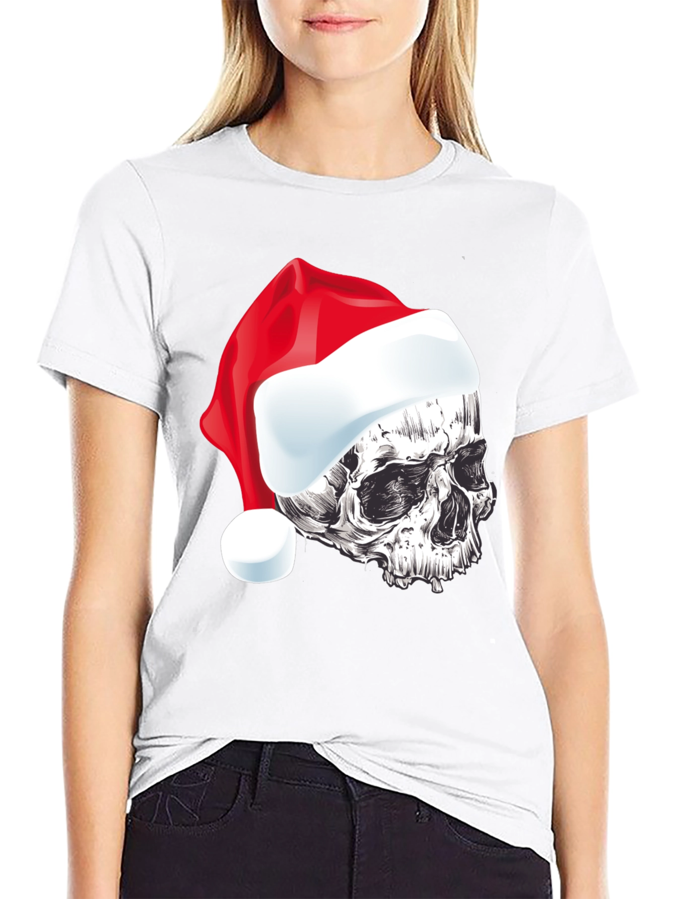 Skull Santa Hat Graphic Tee - Holiday Style
