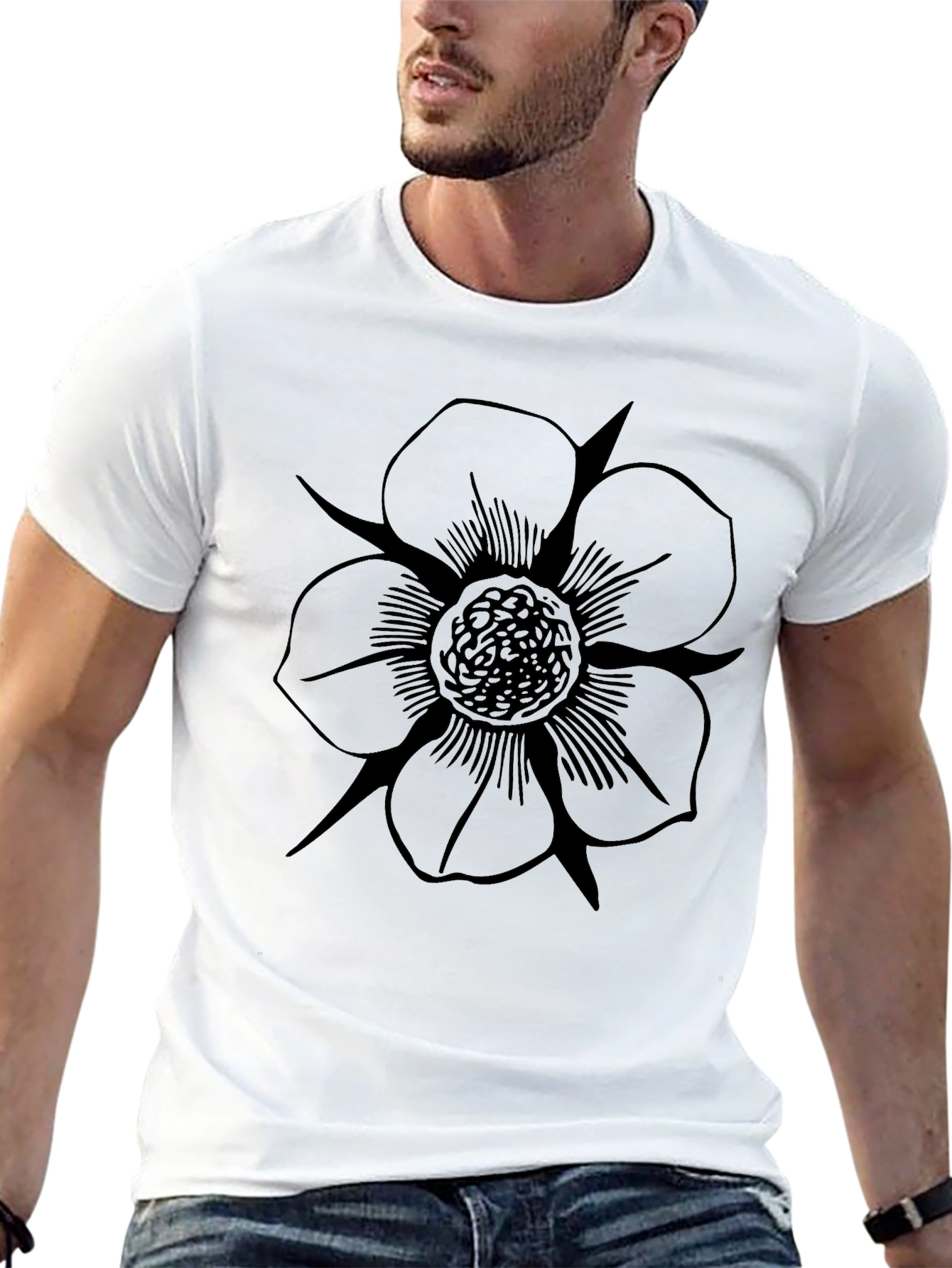 Mens Black T-Shirt with Floral Print