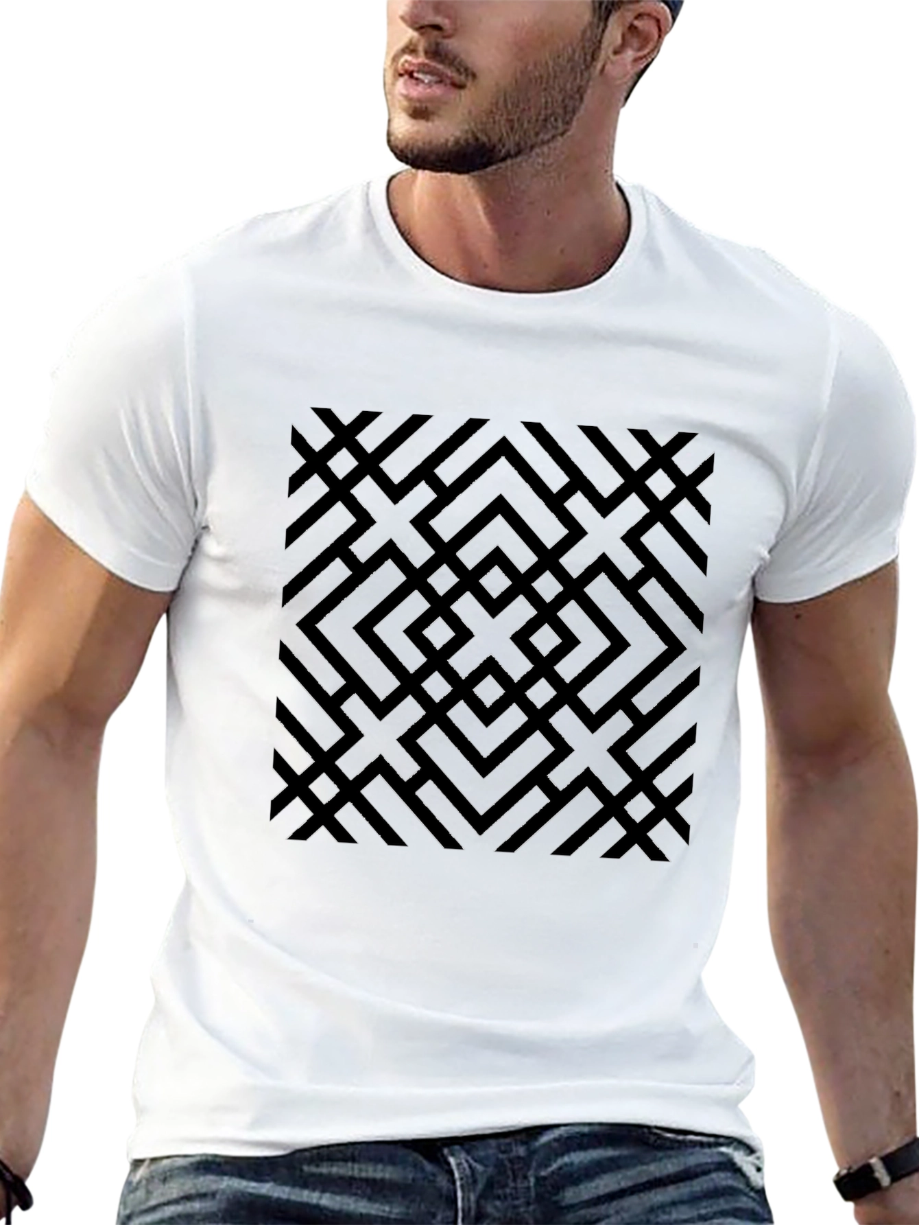 Abstract Geometric Patterned Black T-Shirt