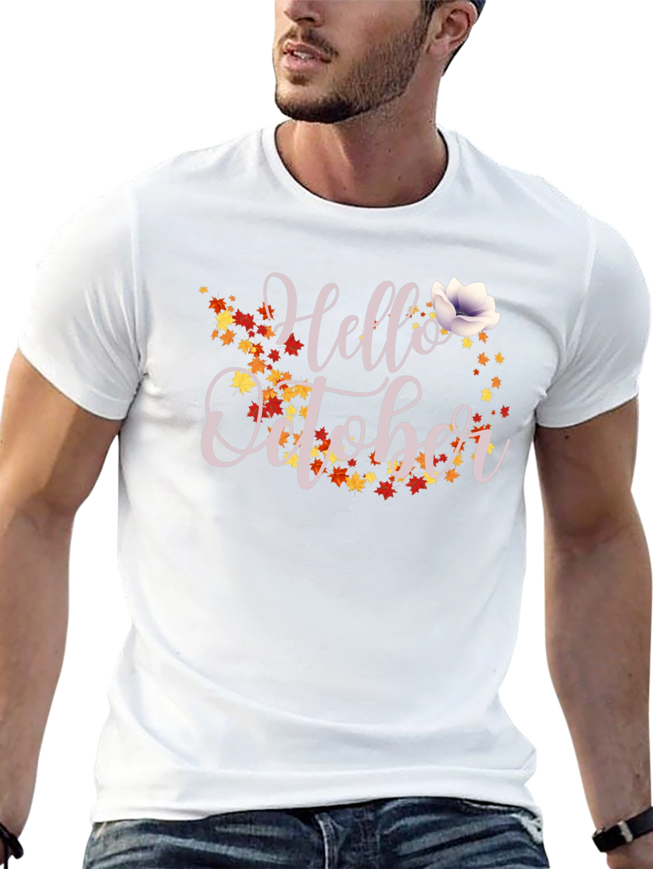 Hello October Fall Leaves Graphic T-Shirt