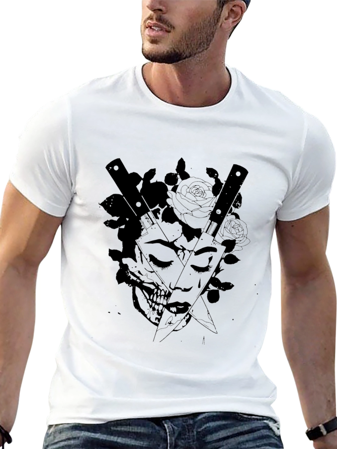 Edgy Skull & Rose Graphic Tee - Black