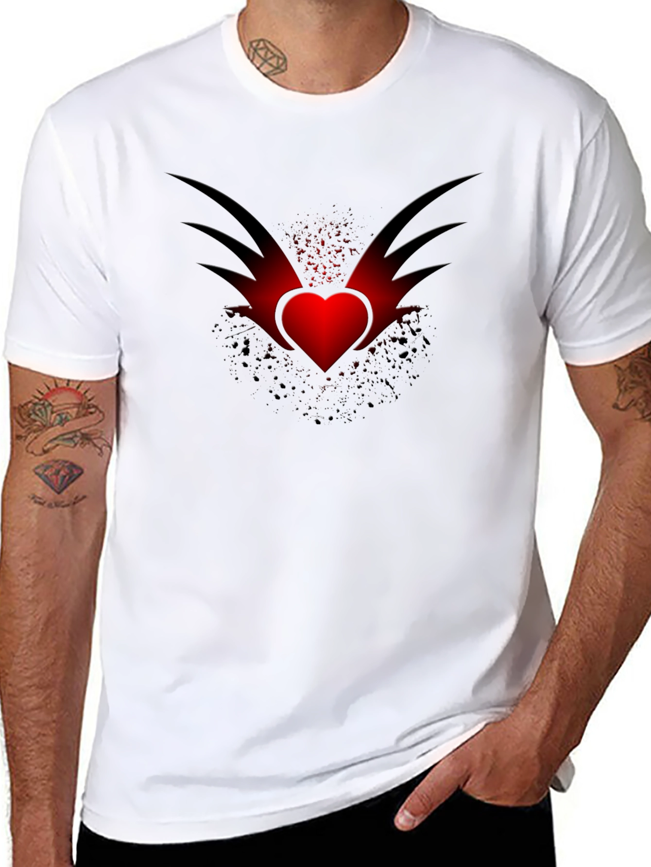 Mens Black T-Shirt with Winged Heart Graphic