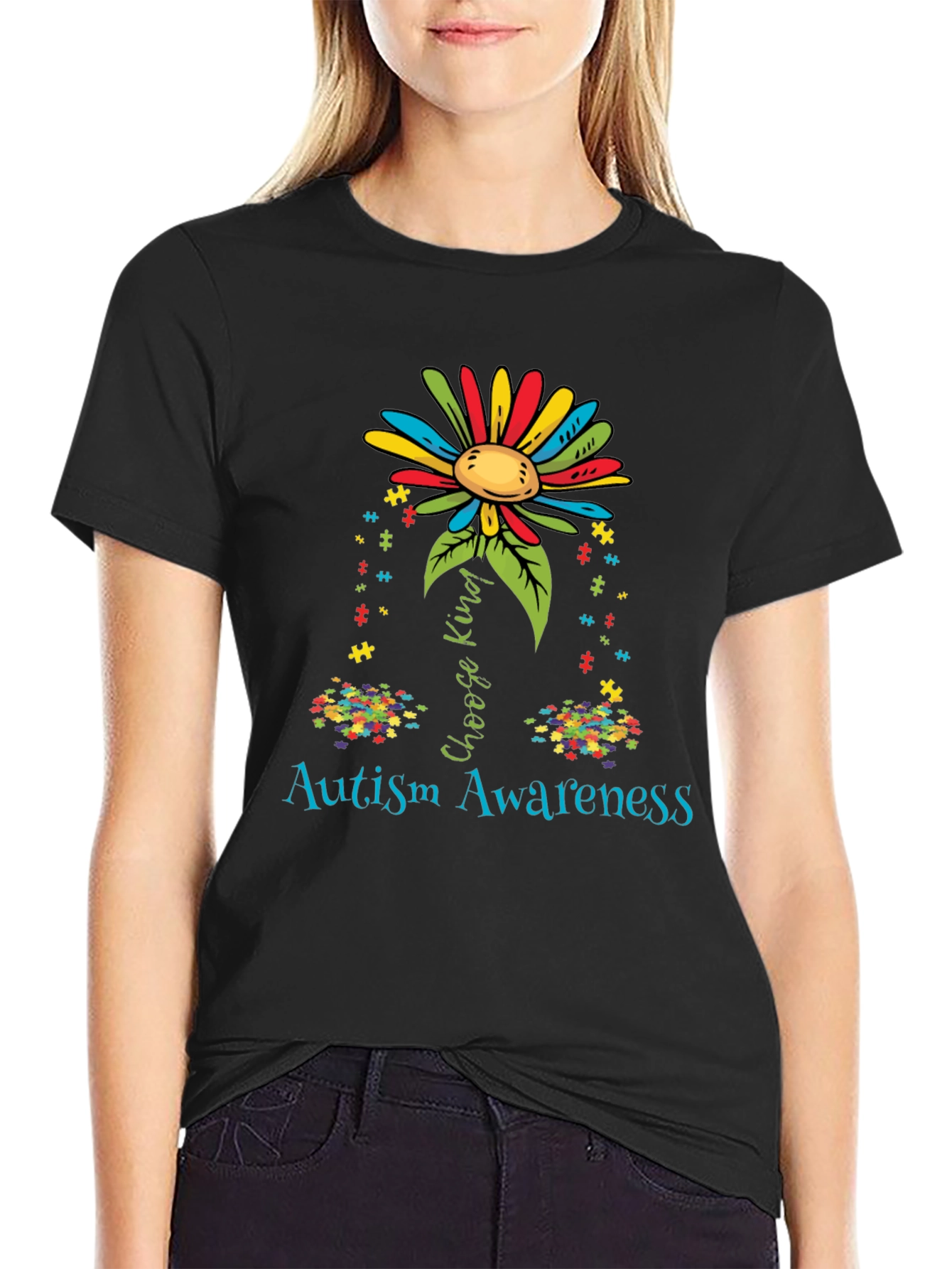 Autism Awareness T-Shirt - Choose Kind Puzzle Flower