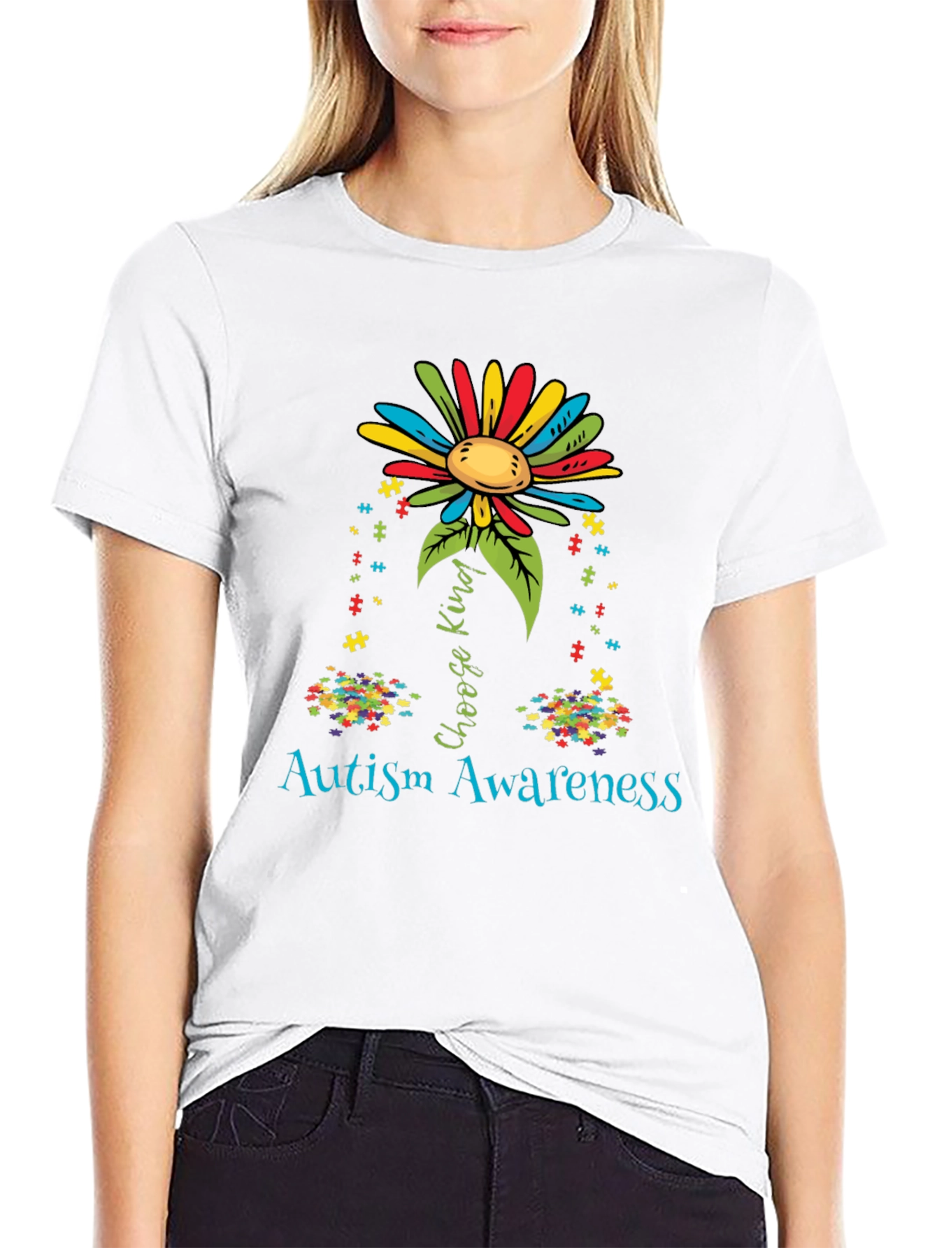 Autism Awareness T-Shirt - Choose Kind Puzzle Flower