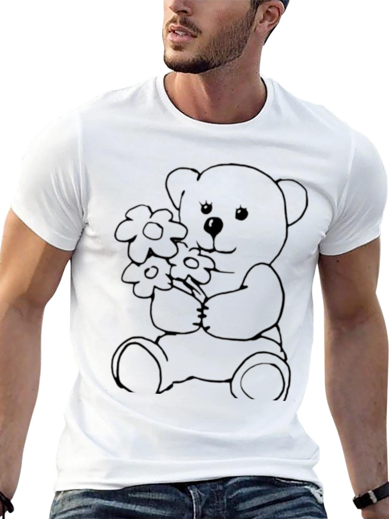 Black Teddy Bear Flowers Graphic Tee