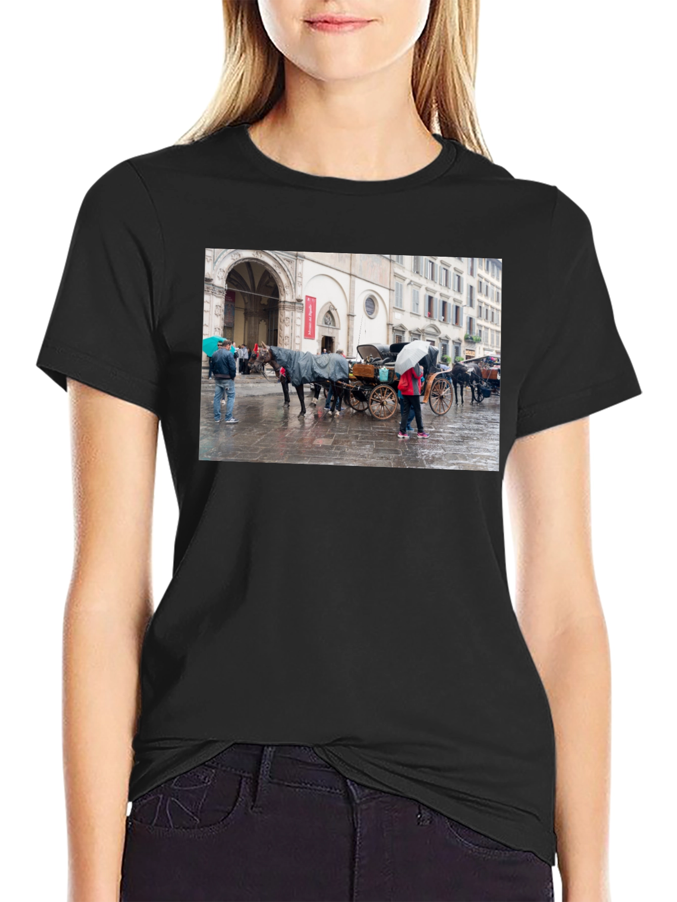 Horse Carriage Scene Graphic Black T-Shirt