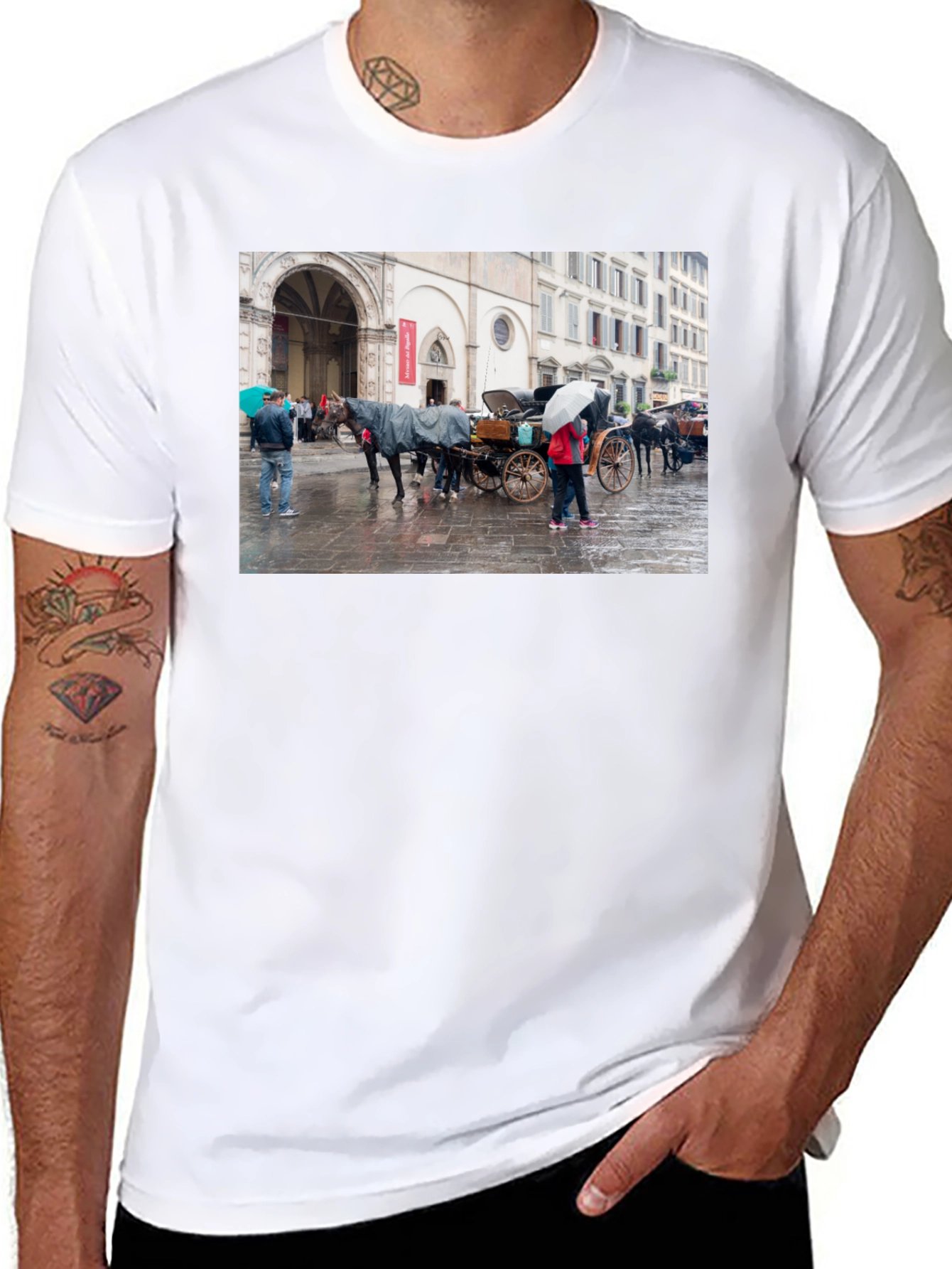 Horse Carriage Scene Graphic Black T-Shirt