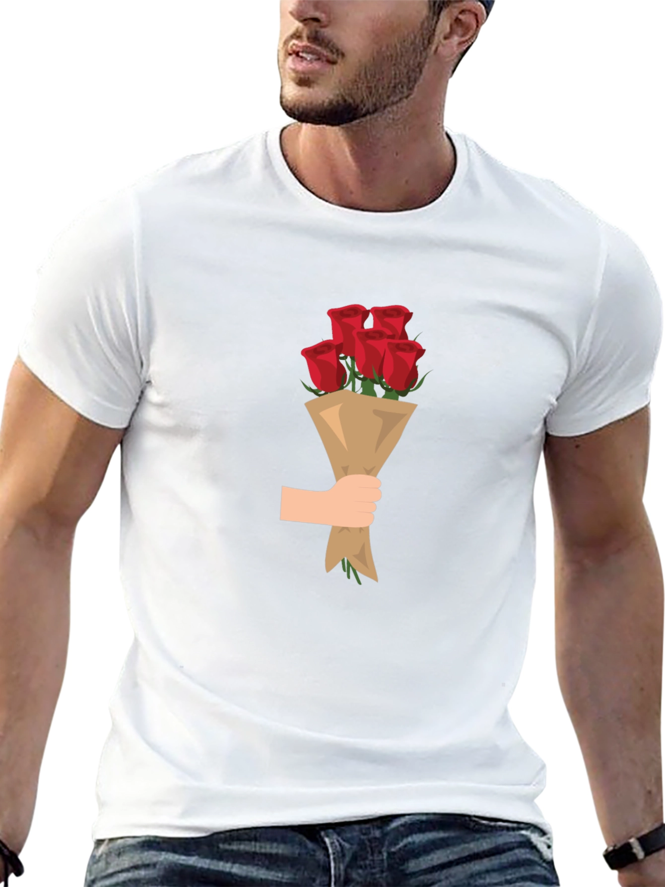 Black T-Shirt with Roses Bouquet Graphic
