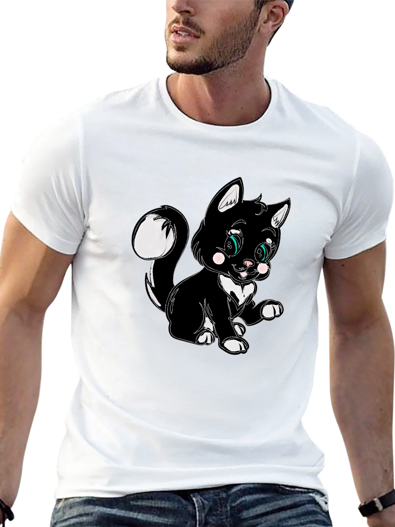 Cute Cartoon Cat Graphic Black T-Shirt