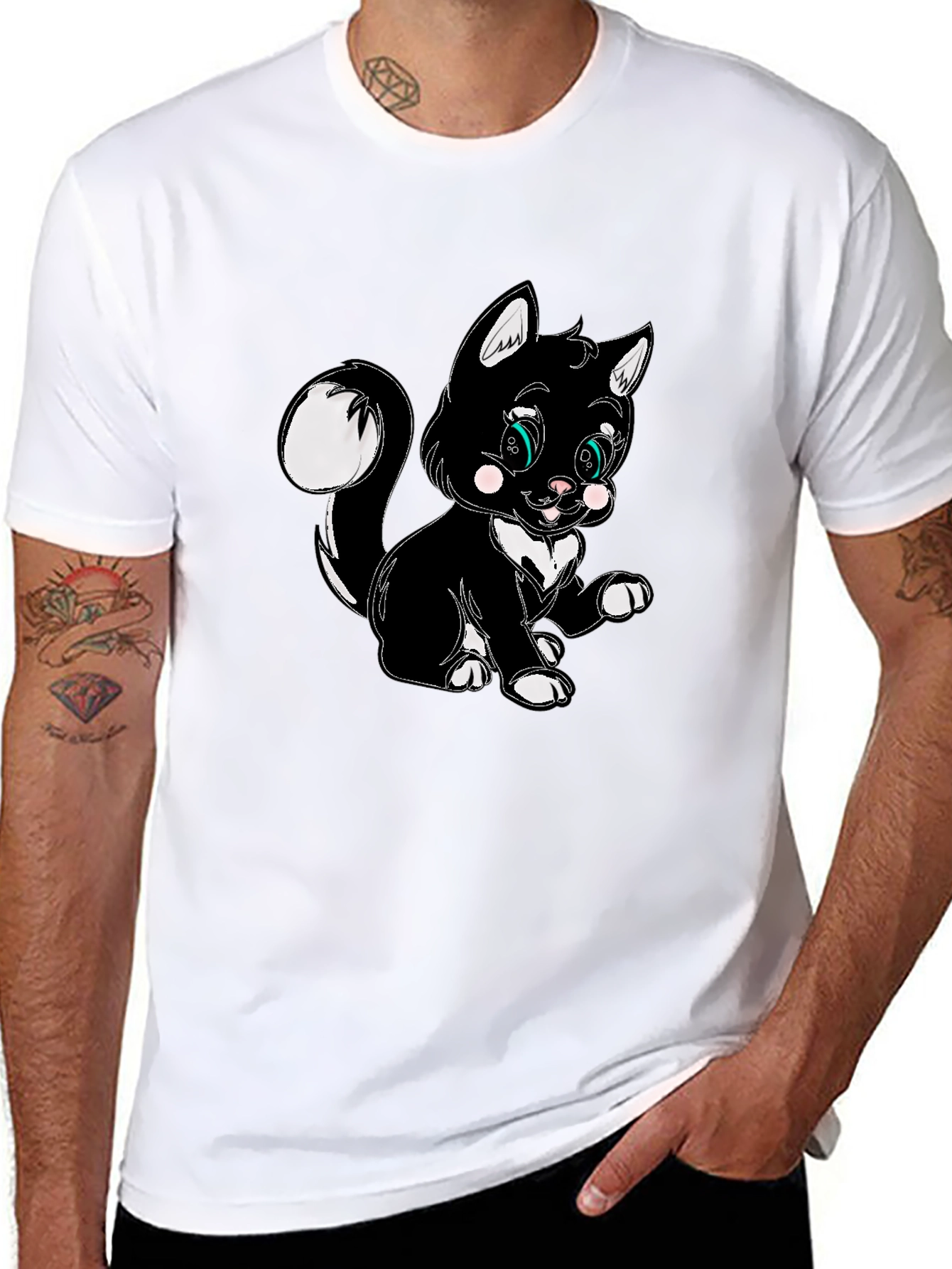 Cute Cartoon Cat Graphic Black T-Shirt
