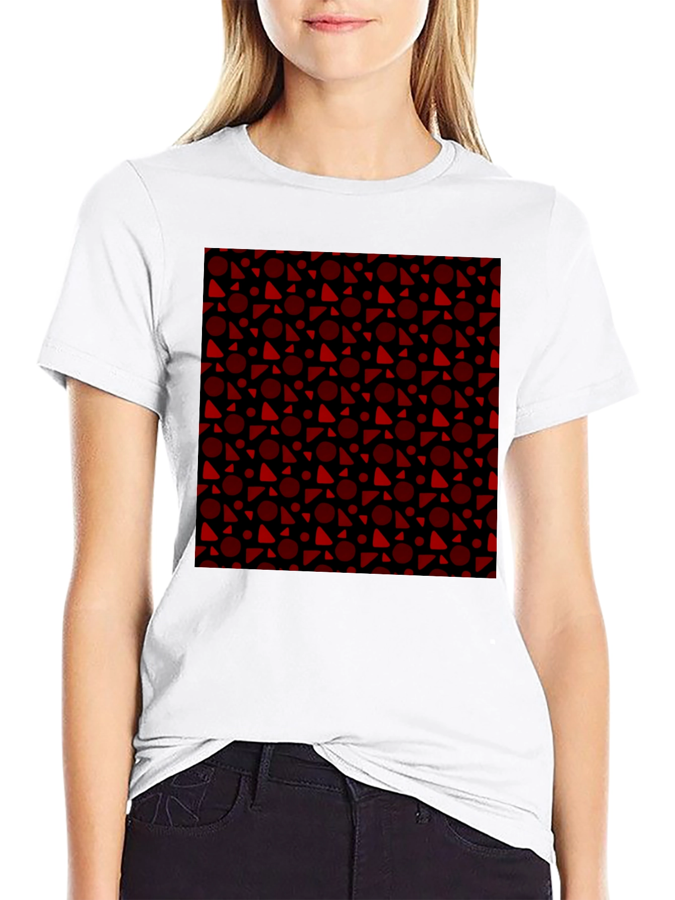 Black Tee with Red Geometric Pattern