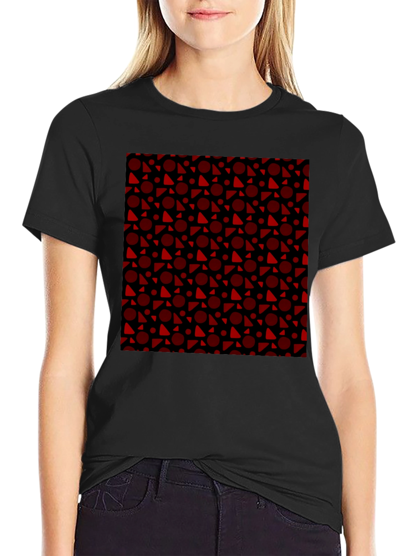 Black Tee with Red Geometric Pattern