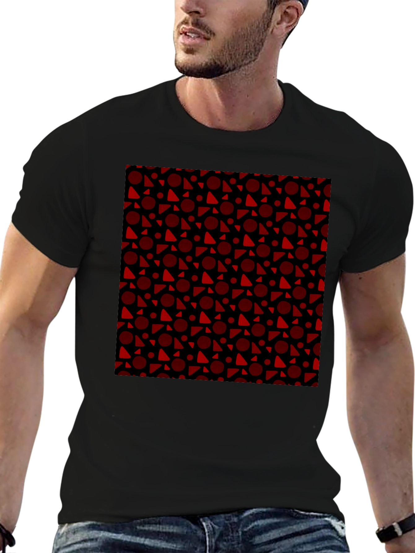 Black Tee with Red Geometric Pattern
