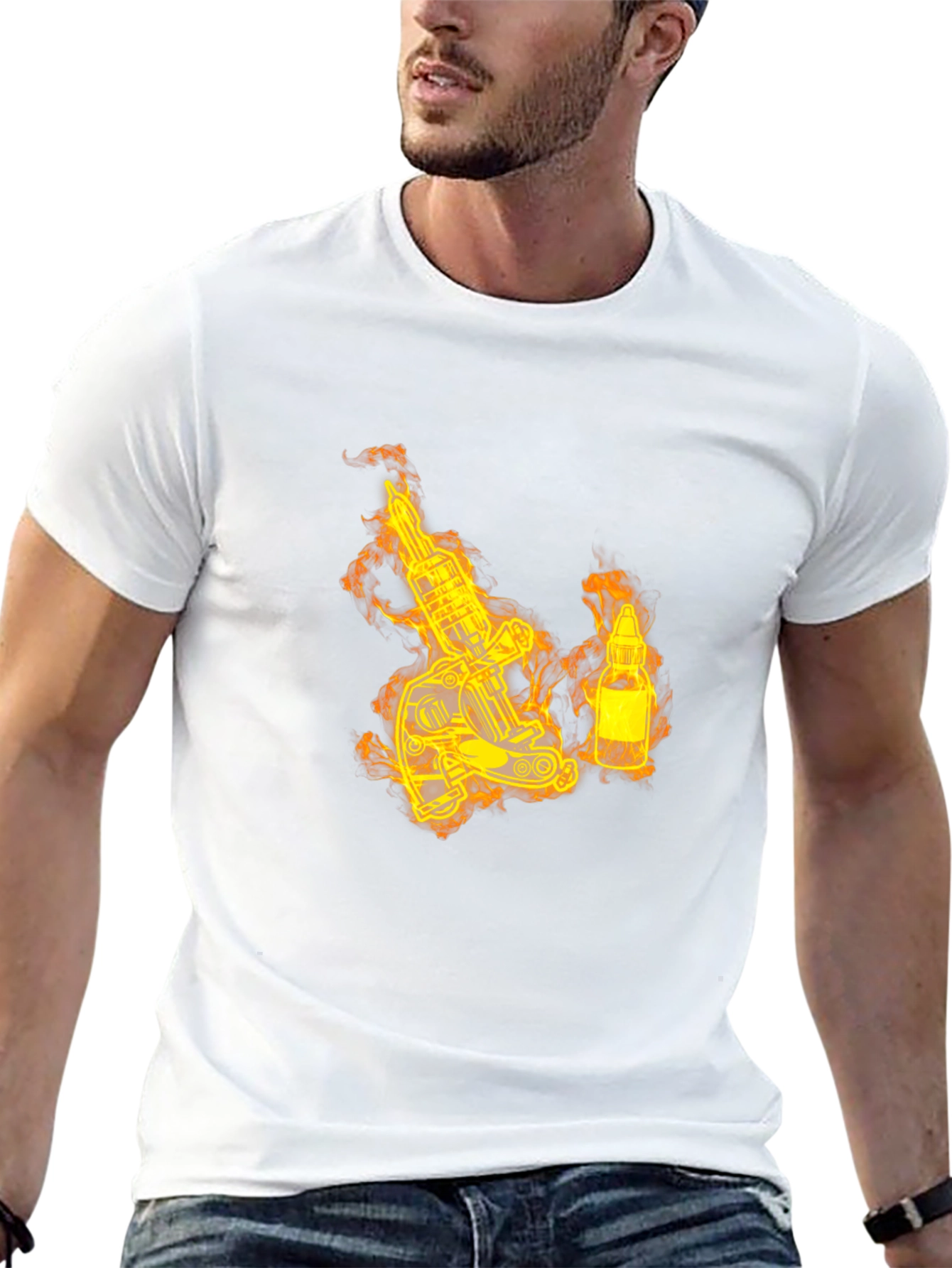 Fiery Tattoo Machine Graphic T-Shirt - Bold Black Tee