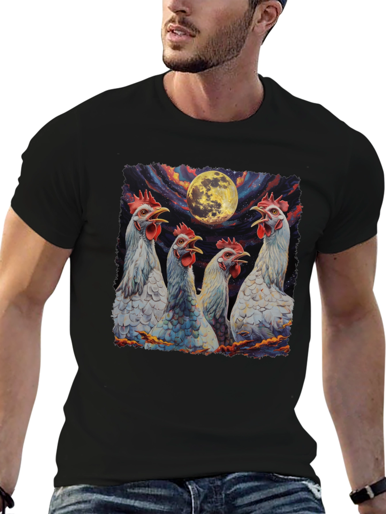 Moonlit Howling Chickens Black T-Shirt